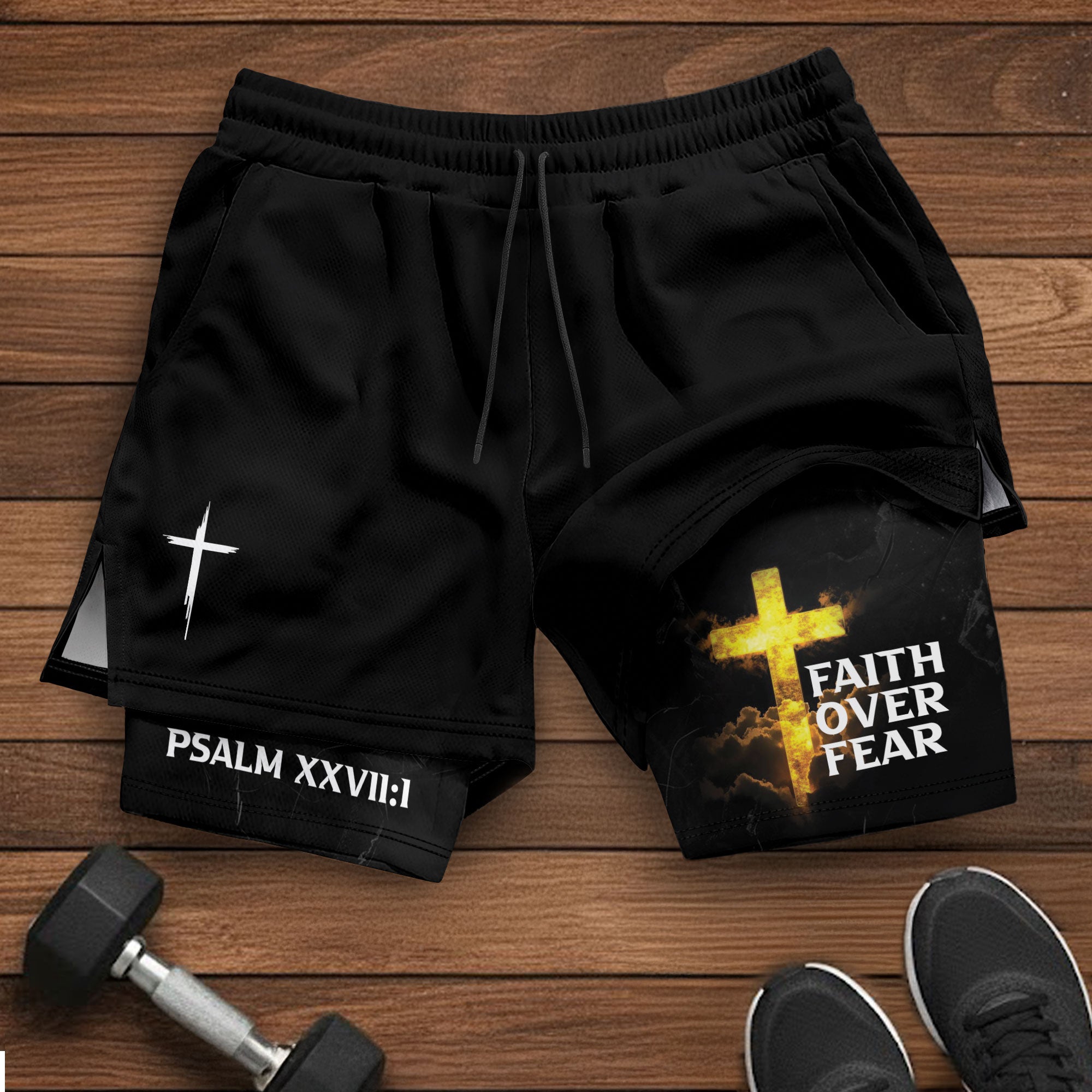 Psalm 27:1 Faith Over Fear Christian Mens Gym Shorts Bible Verse Glowing Gold Design - Rust Field Wear