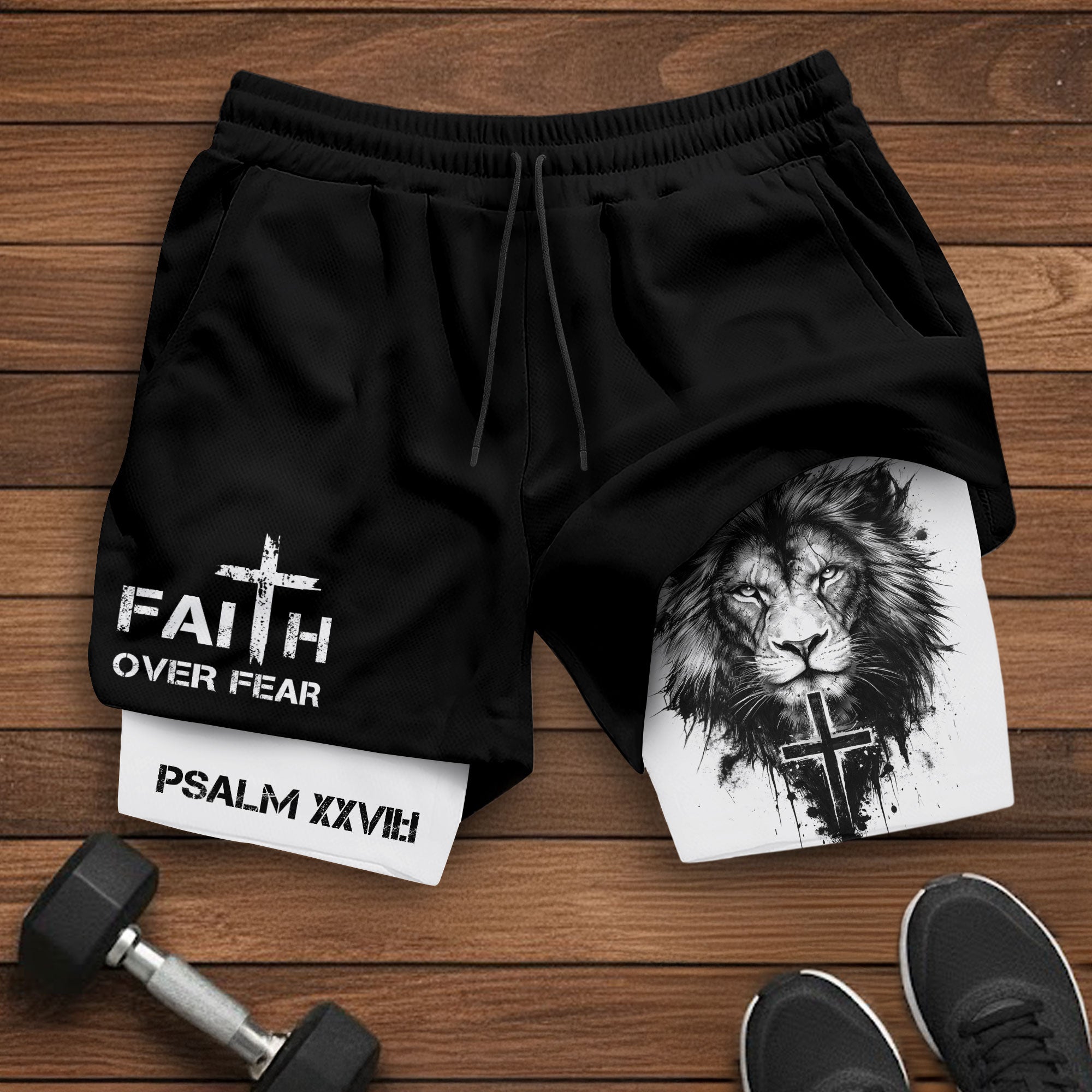 Psalm 27:1 Faith Over Fear Christian Mens Workout Shorts Sketch Lion Bible Verse Art