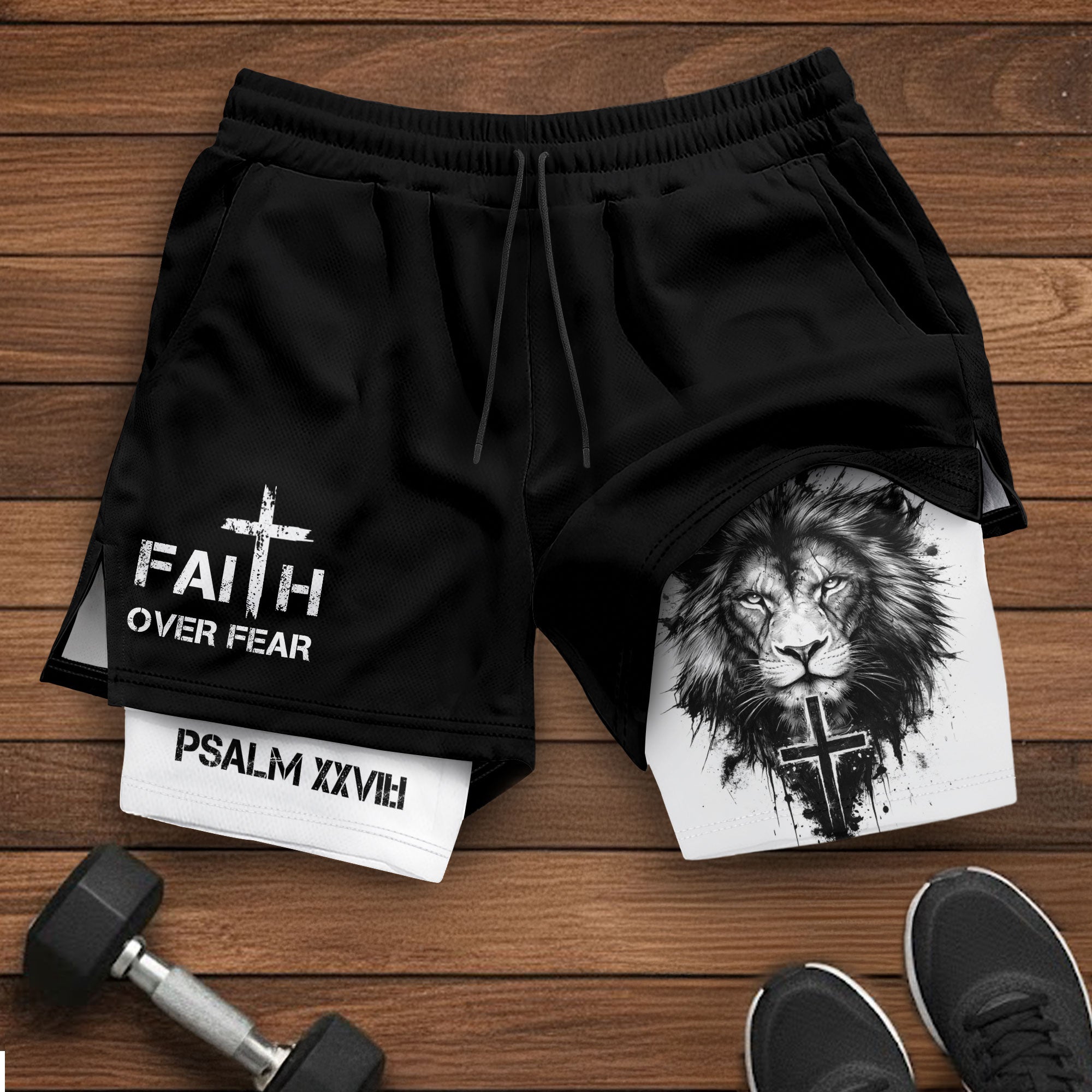Psalm 27:1 Faith Over Fear Christian Mens Workout Shorts Sketch Lion Bible Verse Art - Rust Field Wear