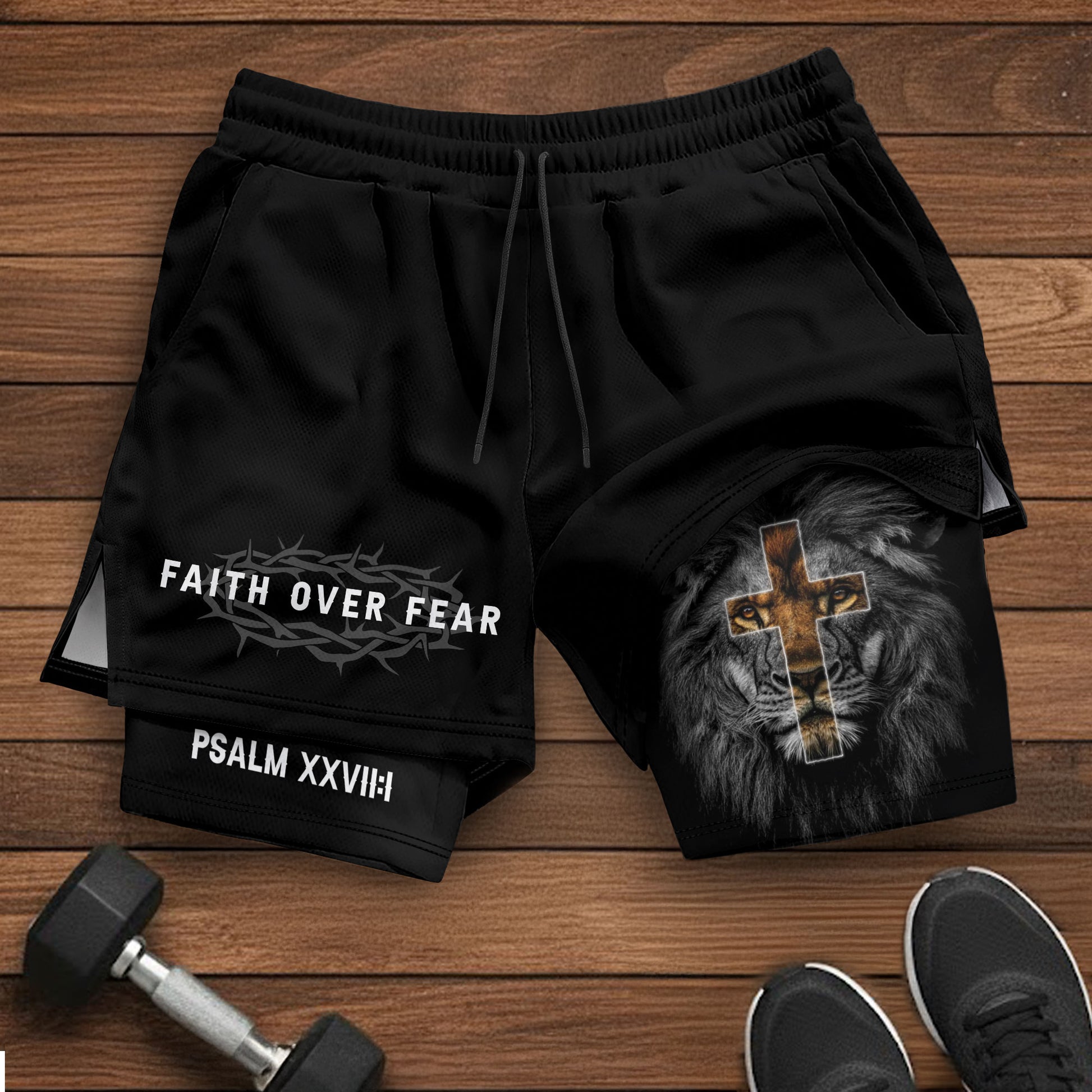 Psalm 27:1 Faith Over Fear Christian Mens Gym Shorts Brown Lion Scripture Design - Rust Field Wear
