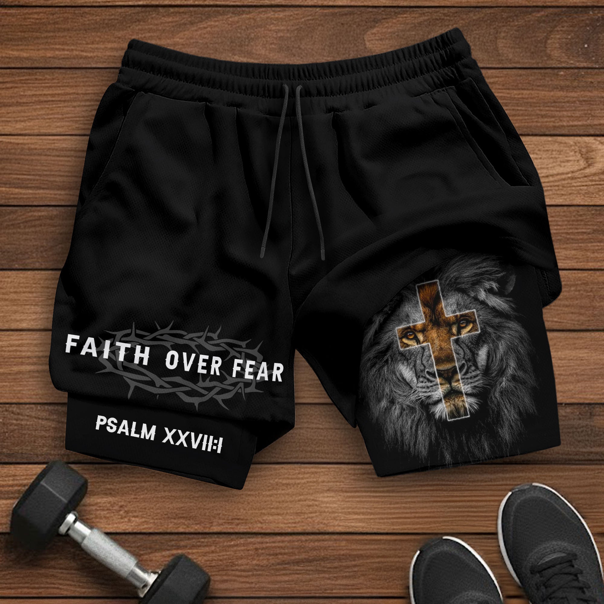 Psalm 27:1 Faith Over Fear Christian Mens Gym Shorts Brown Lion Scripture Design