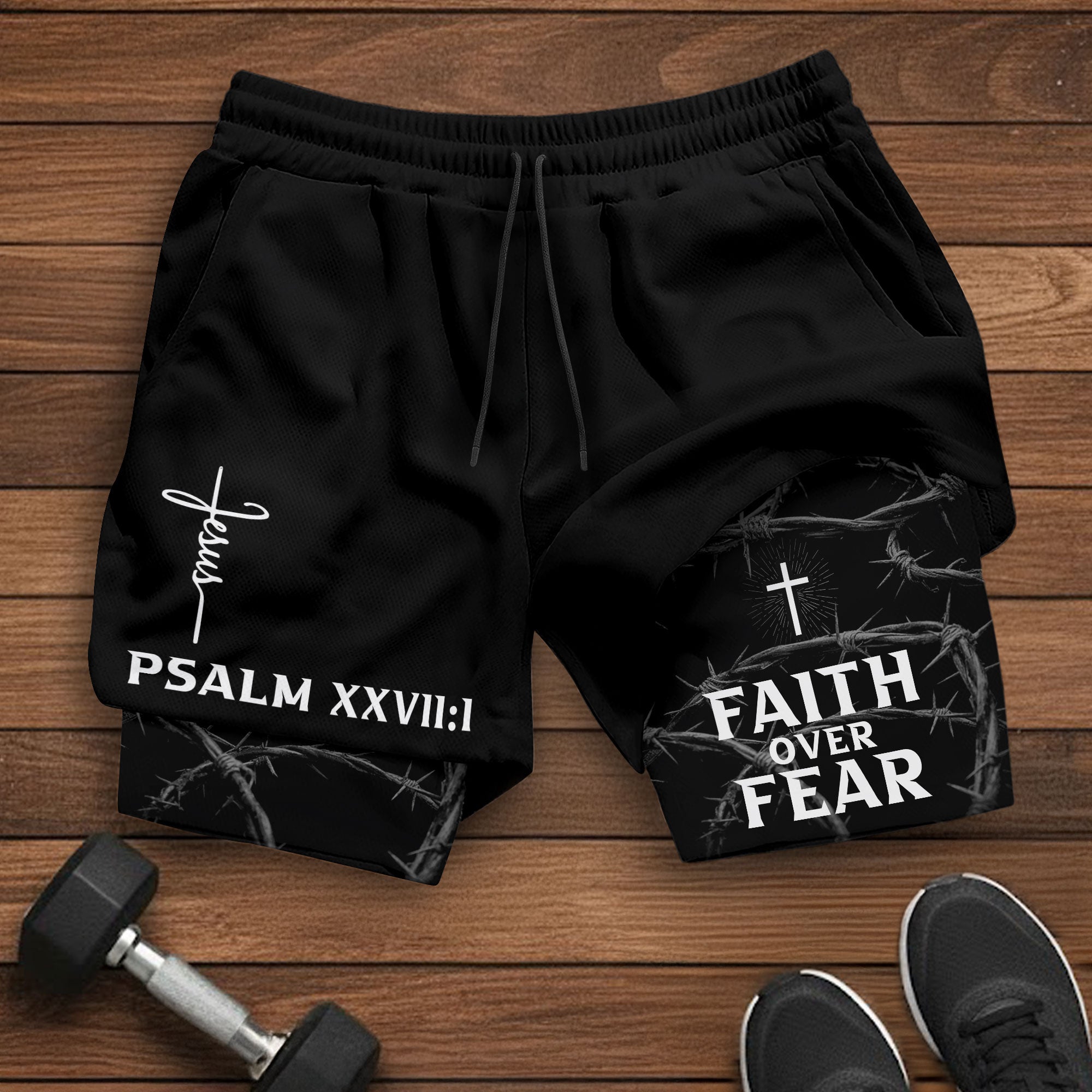 Psalm 27:1 Faith Over Fear Christian Mens Training Shorts Thorns Cross Bible Verse