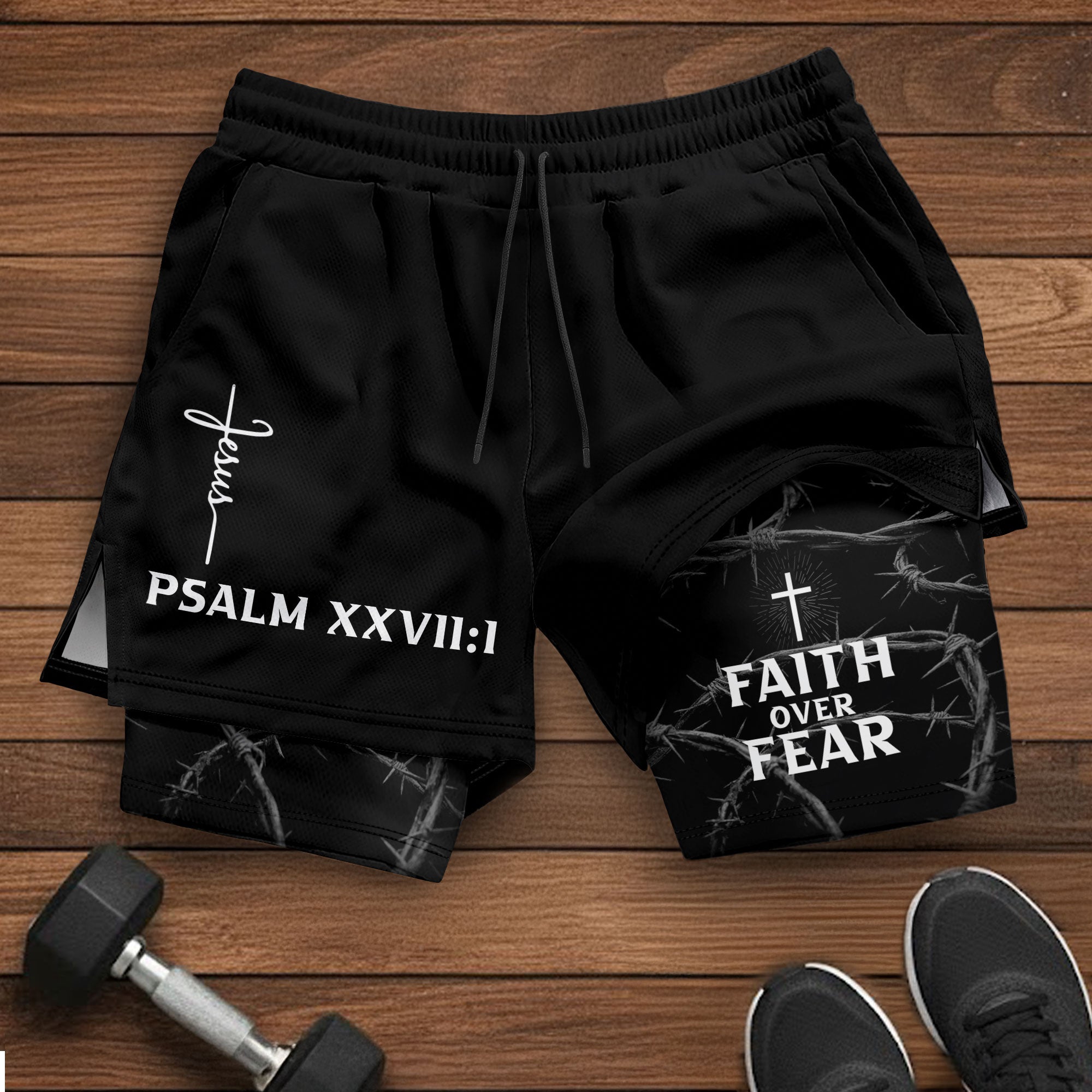 Psalm 27:1 Faith Over Fear Christian Mens Training Shorts Thorns Cross Bible Verse - Rust Field Wear