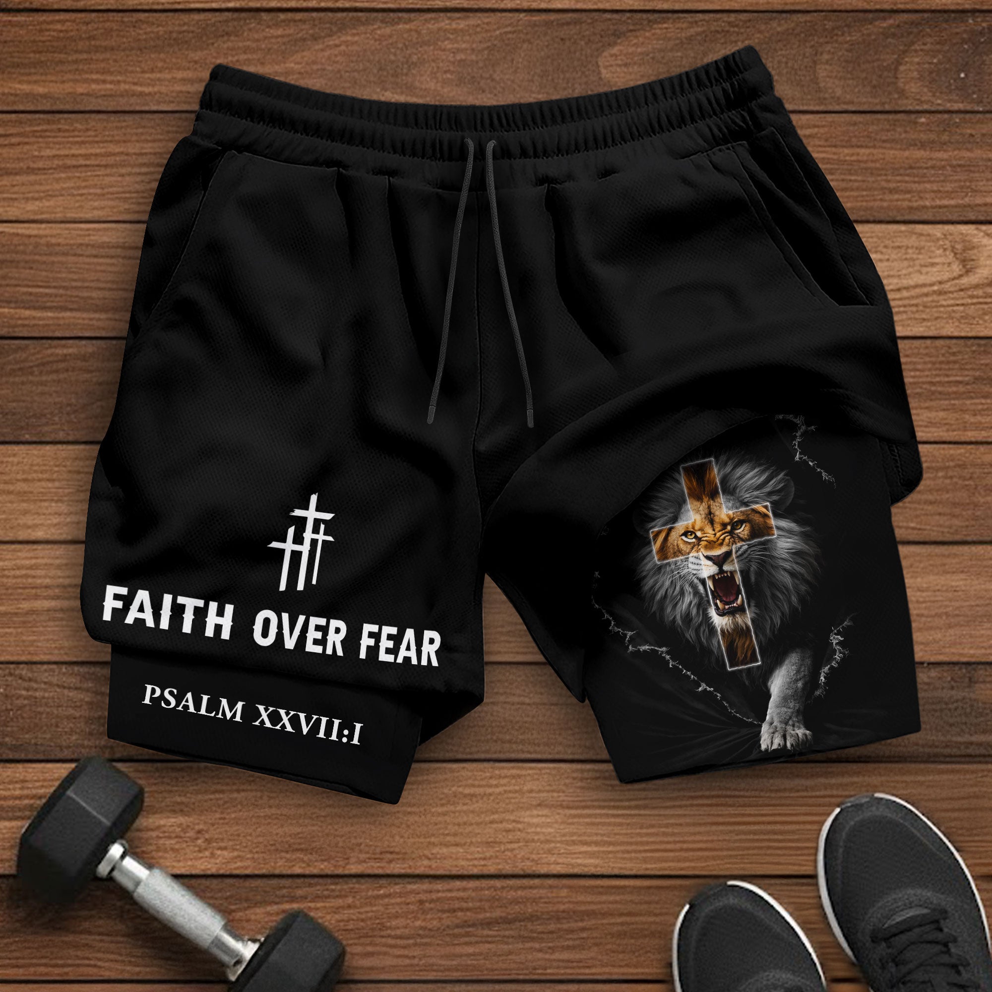 Psalm 27:1 Faith Over Fear Christian Mens Athletic Shorts Roaring Lion Scripture Art