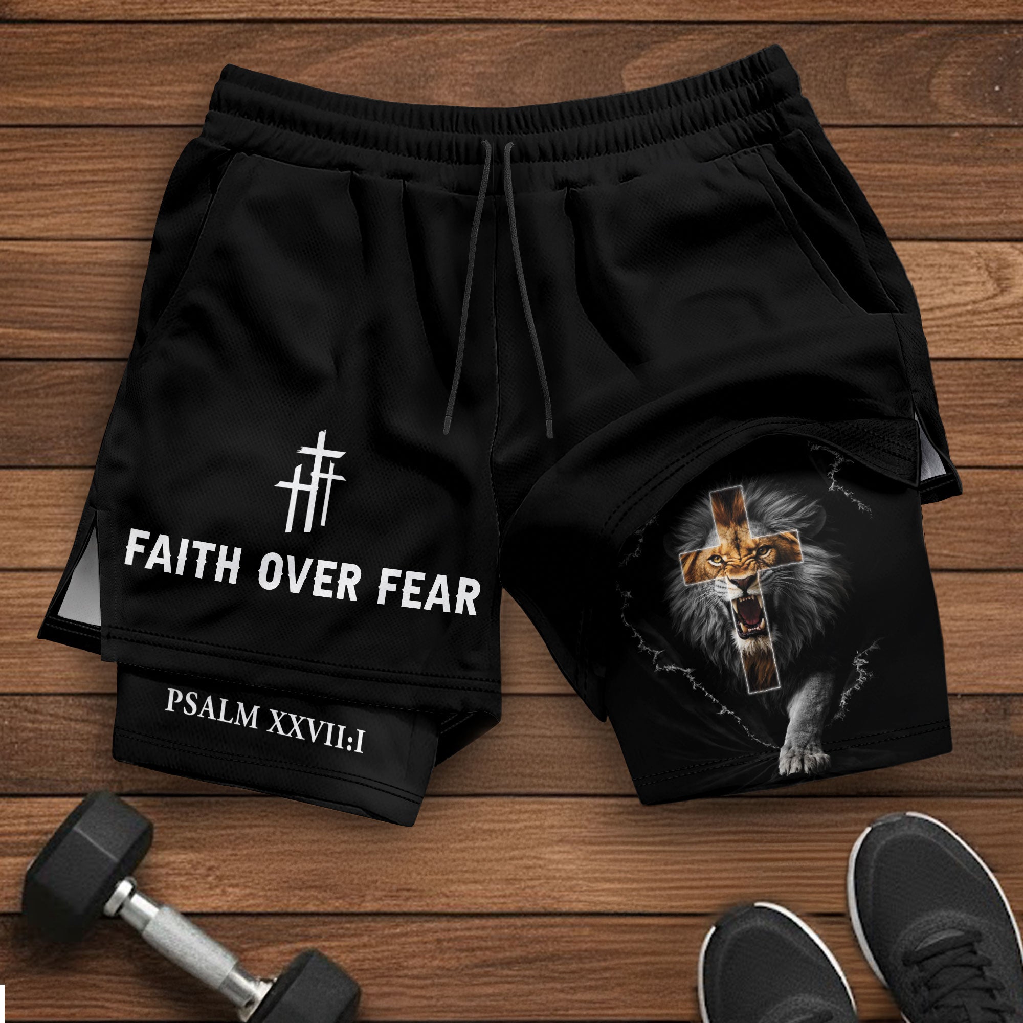 Psalm 27:1 Faith Over Fear Christian Mens Athletic Shorts Roaring Lion Scripture Art - Rust Field Wear
