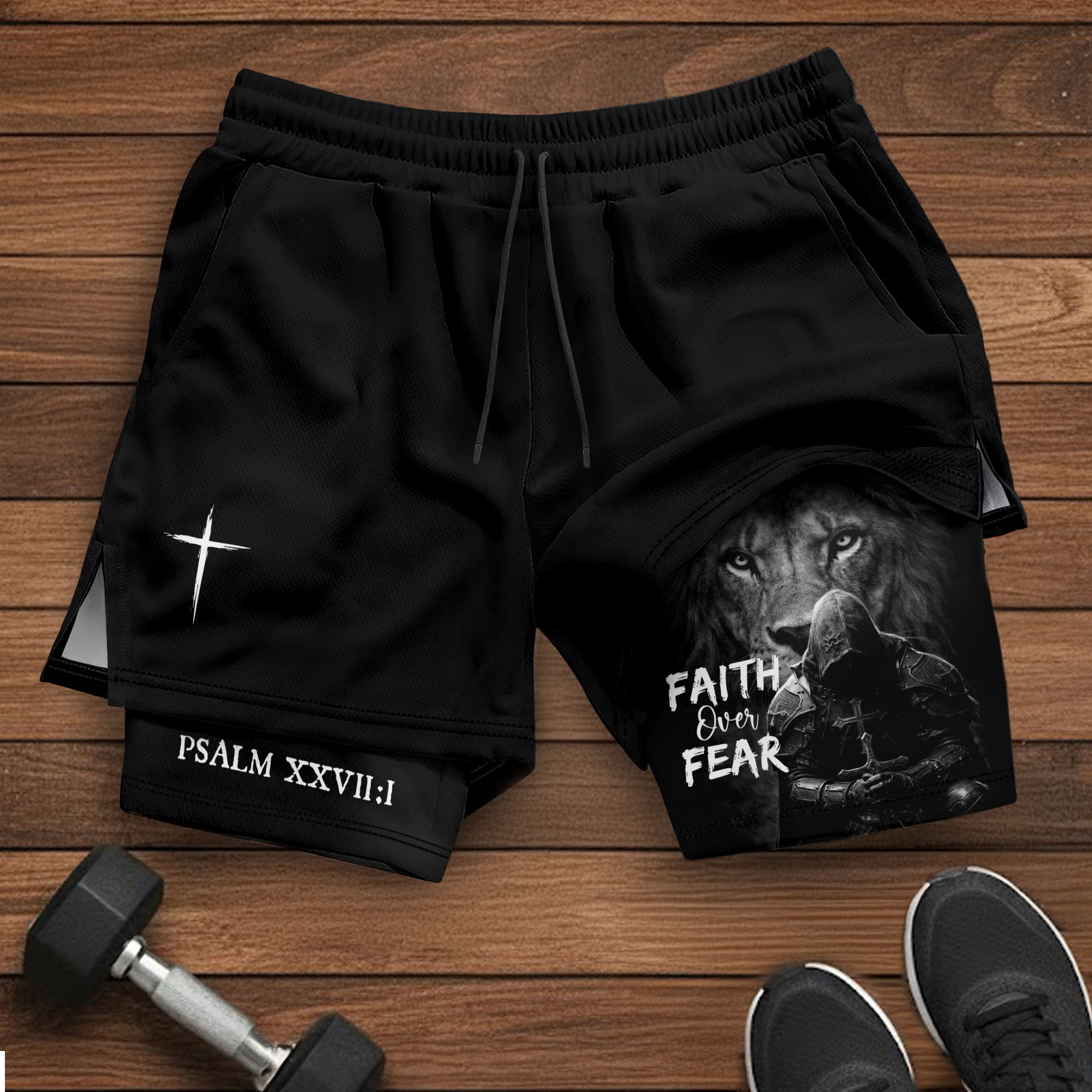 Psalm 27:1 Faith Over Fear Christian Mens Gym Shorts Lion Knight Bible Verse Design - Rust Field Wear