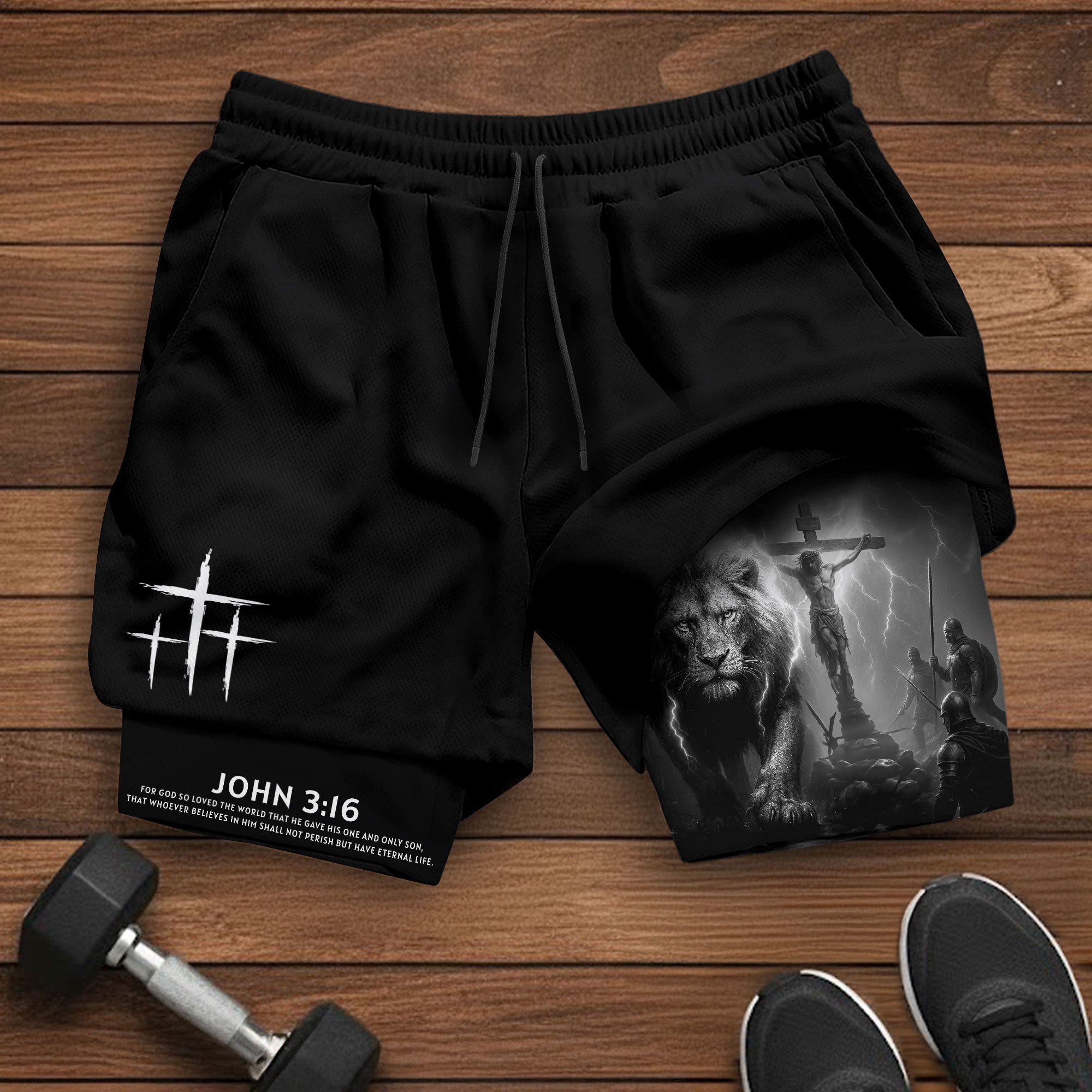 John 3:16 Christian Gym Workout Shorts Men Lion Jesus Cross Bible Verse
