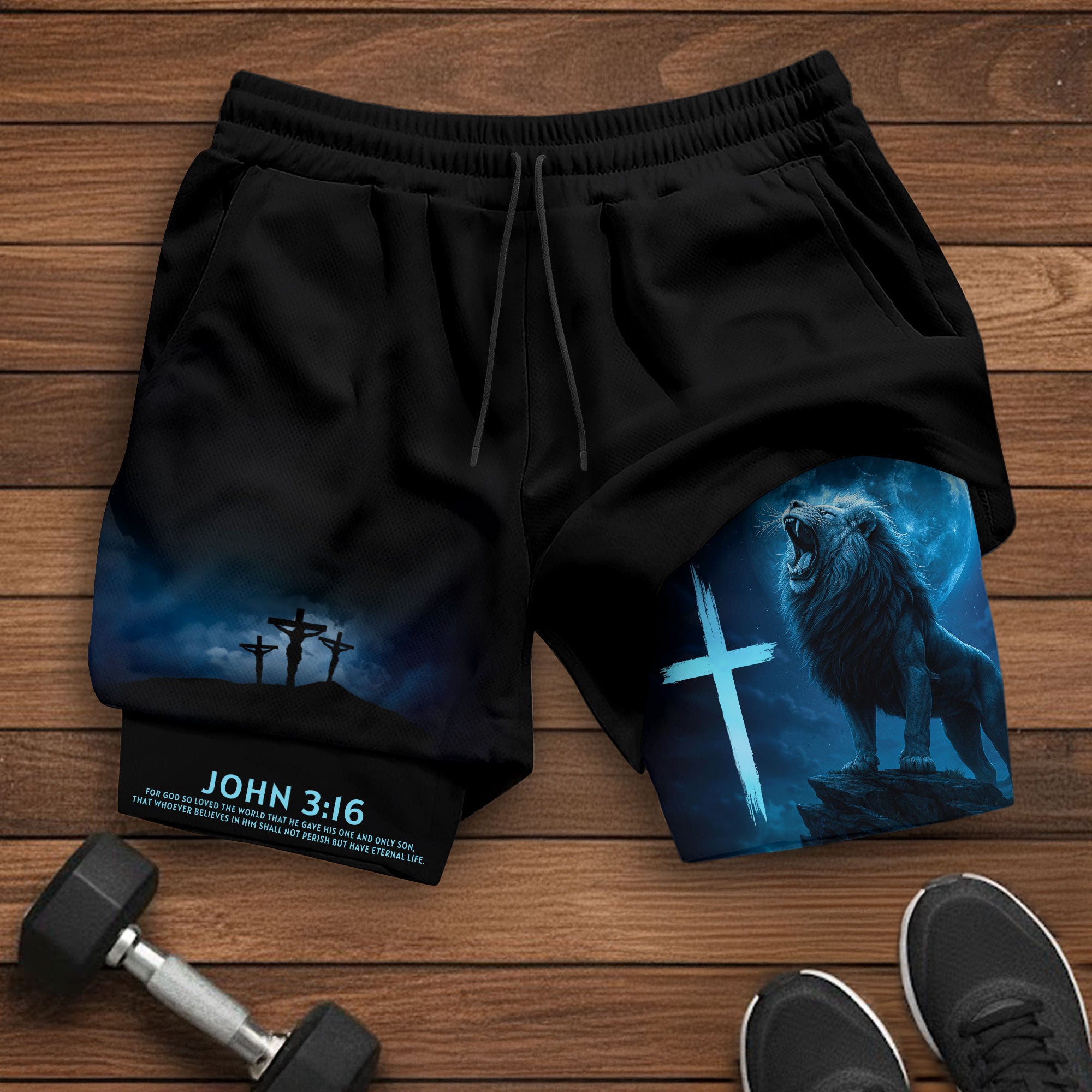 John 3:16 Christian Gym Workout Shorts Men Lion Cross Bible Verse Blue