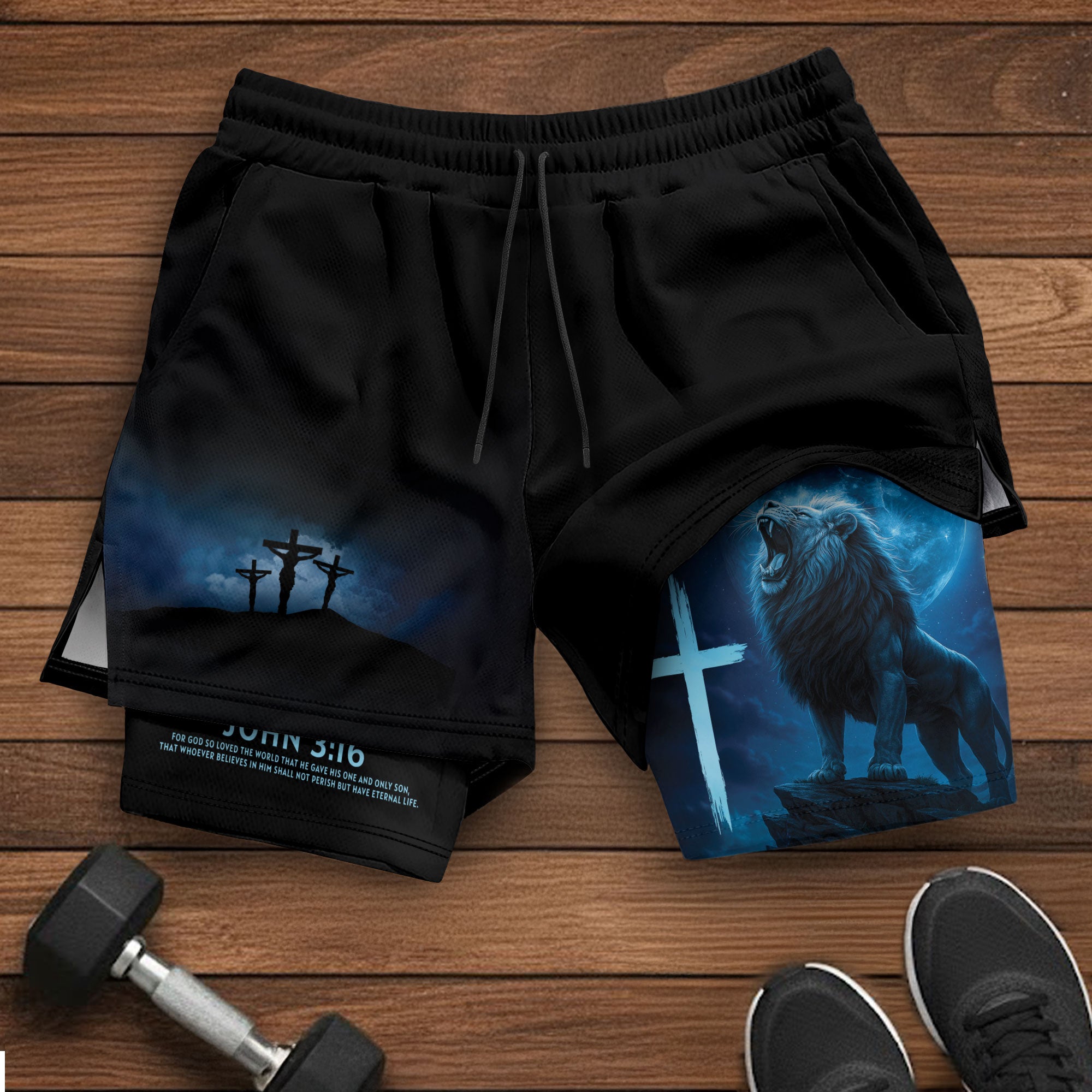 John 3:16 Christian Gym Workout Shorts Men Lion Cross Bible Verse Blue - Rust Field Wear