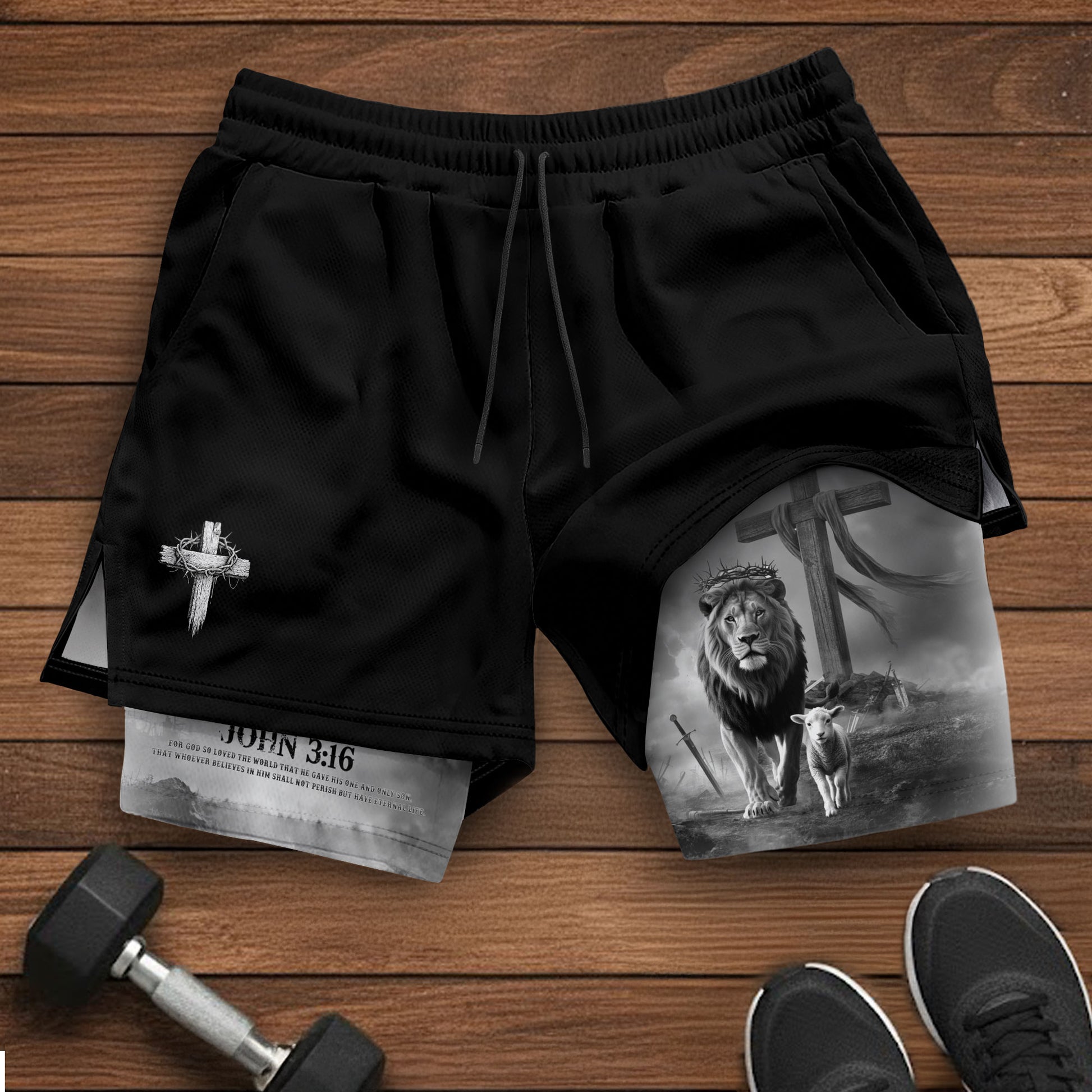 John 3:16 Christian Gym Workout Shorts Men Lion and Lamb Cross Bible Verse - Rust Field Wear