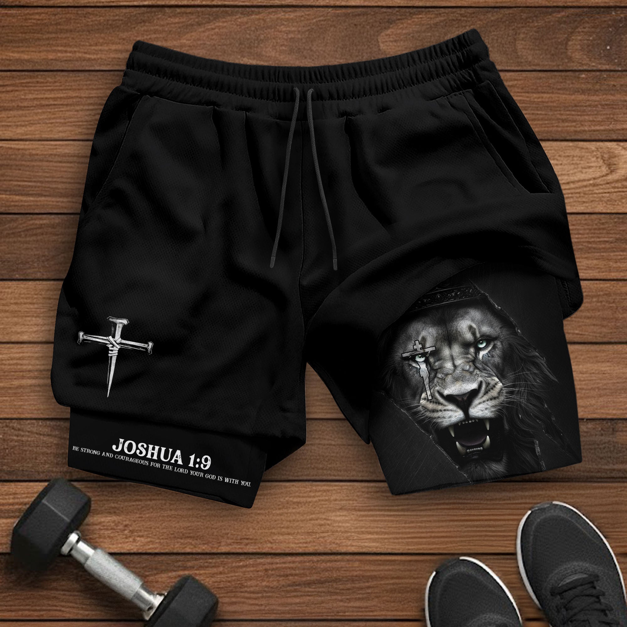 Joshua 1:9 Christian Gym Workout Shorts Men Lion of Judah Bible Verse Activewear