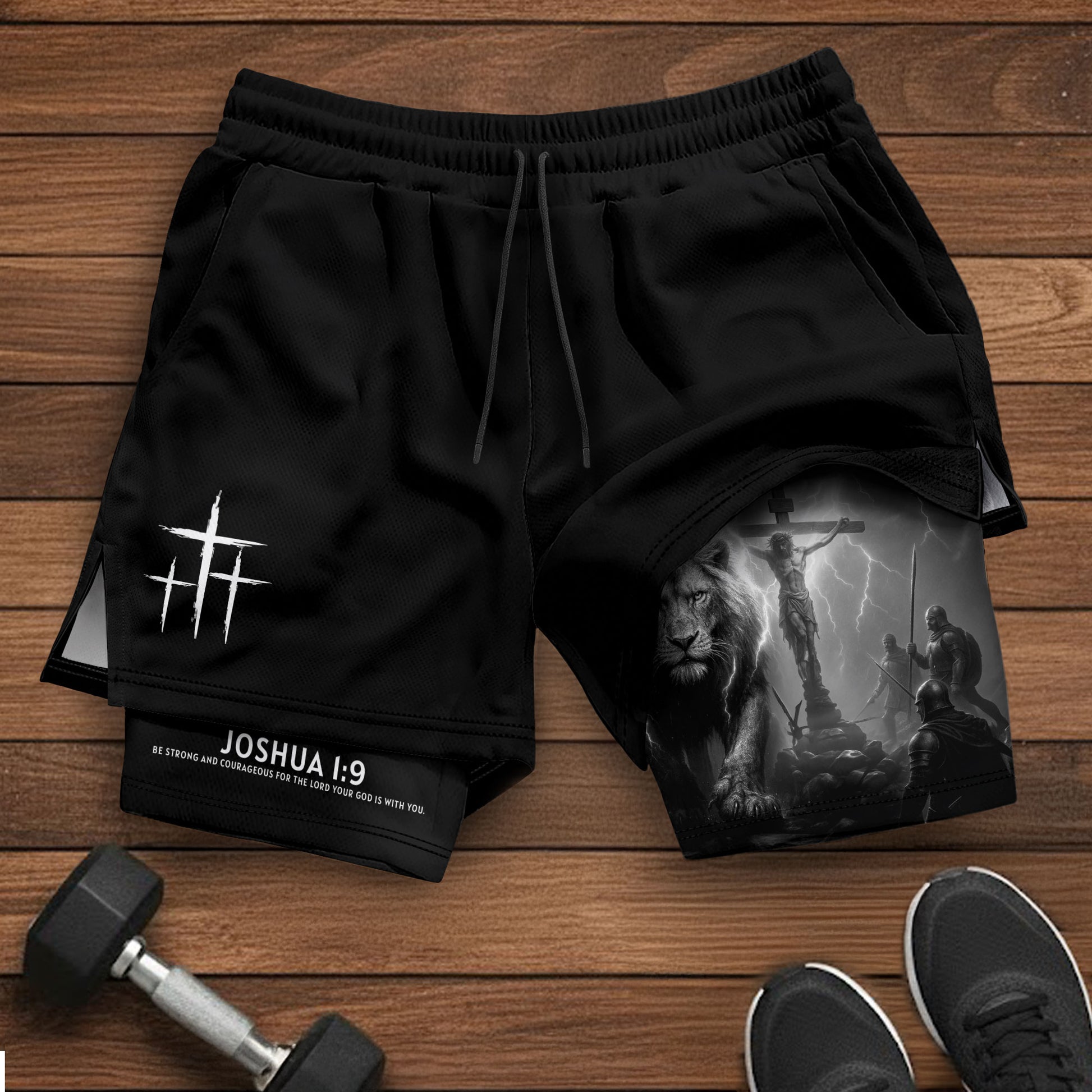 Joshua 1:9 Christian Gym Workout Shorts Men Lion Jesus Cross Bible Verse - Rust Field Wear