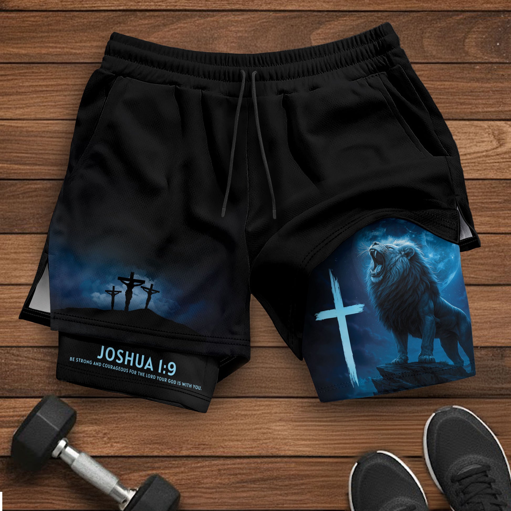 Joshua 1:9 Christian Gym Workout Shorts Men Lion Cross Bible Verse Blue - Rust Field Wear