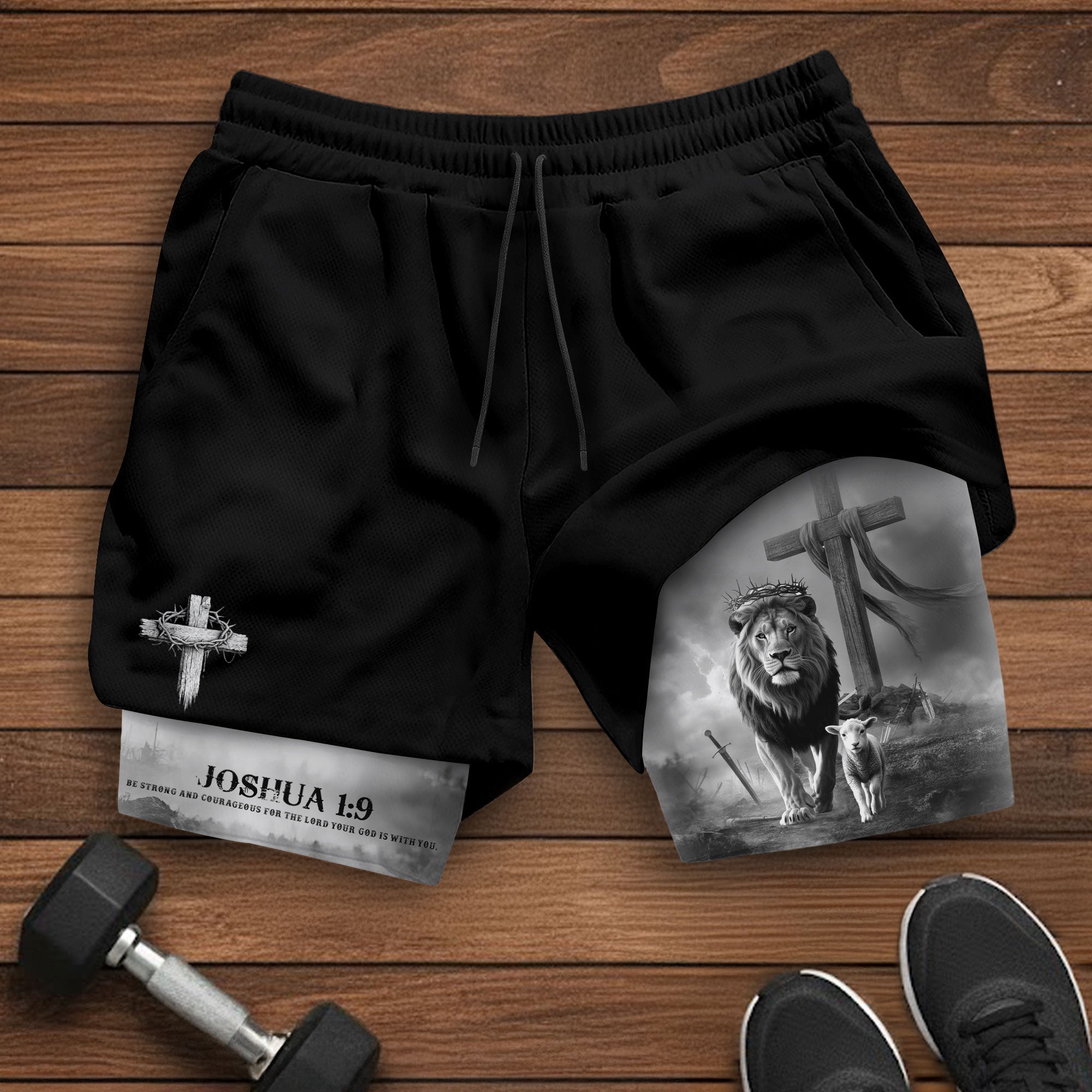 Joshua 1:9 Christian Gym Workout Shorts Men Lion and Lamb Cross Bible Verse