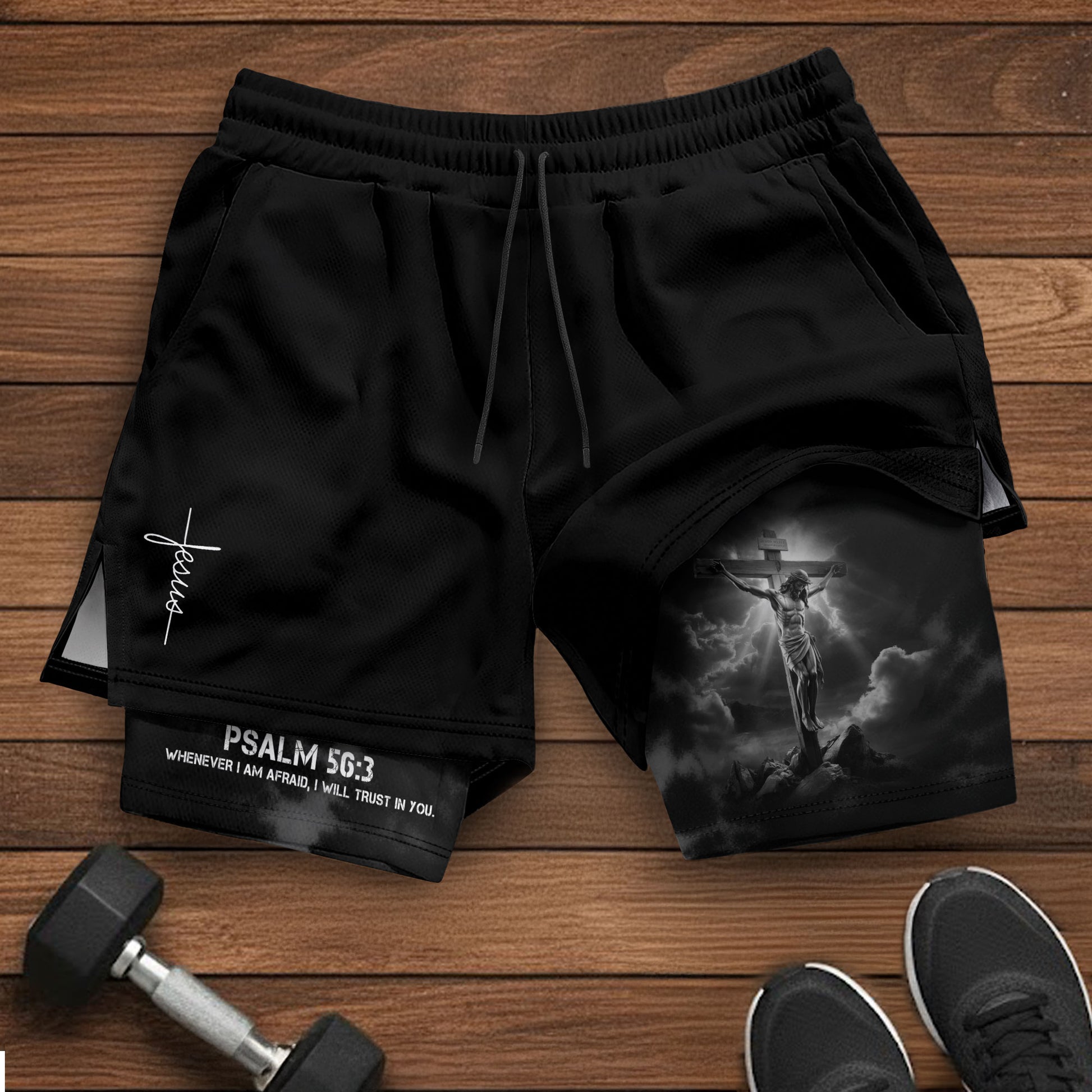 Psalm 56:3 Christian Gym Workout Shorts Men Jesus Cross Bible Verse Religious - Rust Field Wear