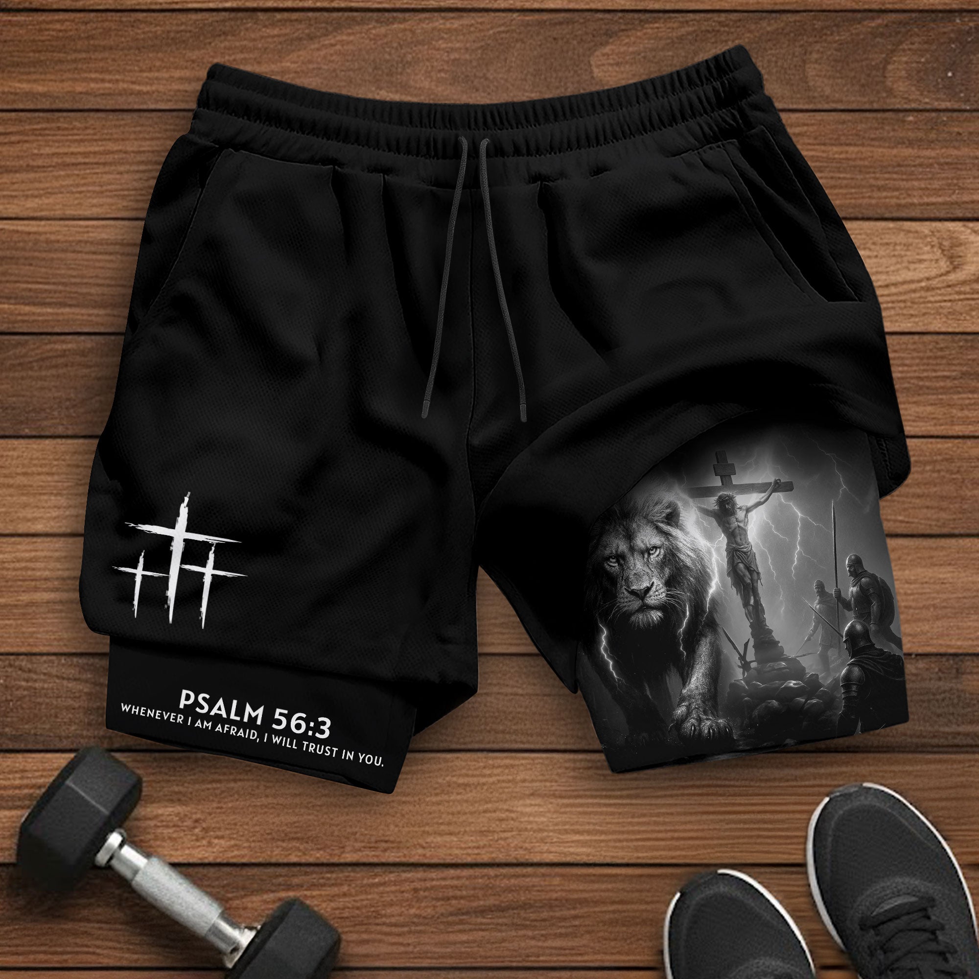 Psalm 56:3 Christian Gym Workout Shorts Men Lion Jesus Cross Bible Verse