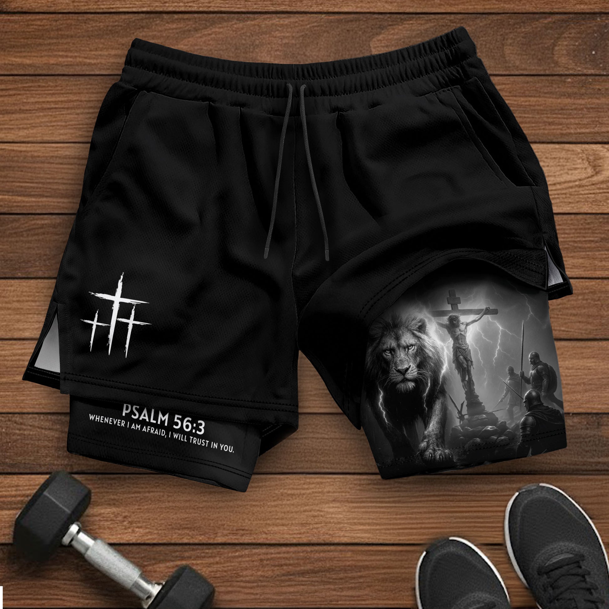 Psalm 56:3 Christian Gym Workout Shorts Men Lion Jesus Cross Bible Verse - Rust Field Wear