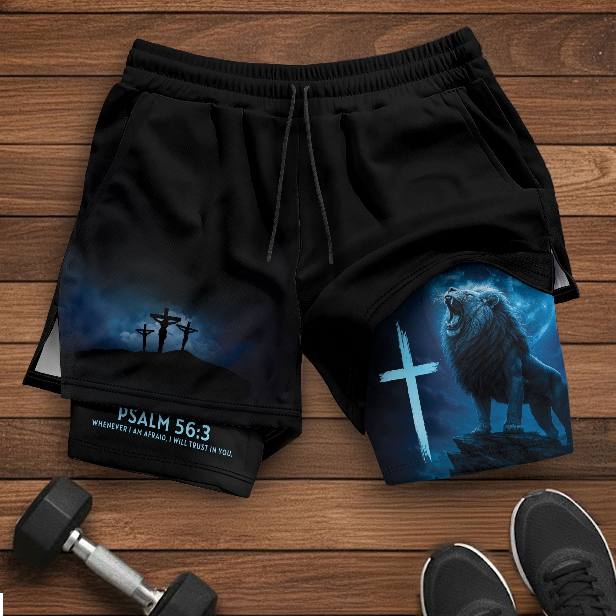 Psalm 56:3 Christian Gym Workout Shorts Men Lion Cross Bible Verse Blue - Rust Field Wear