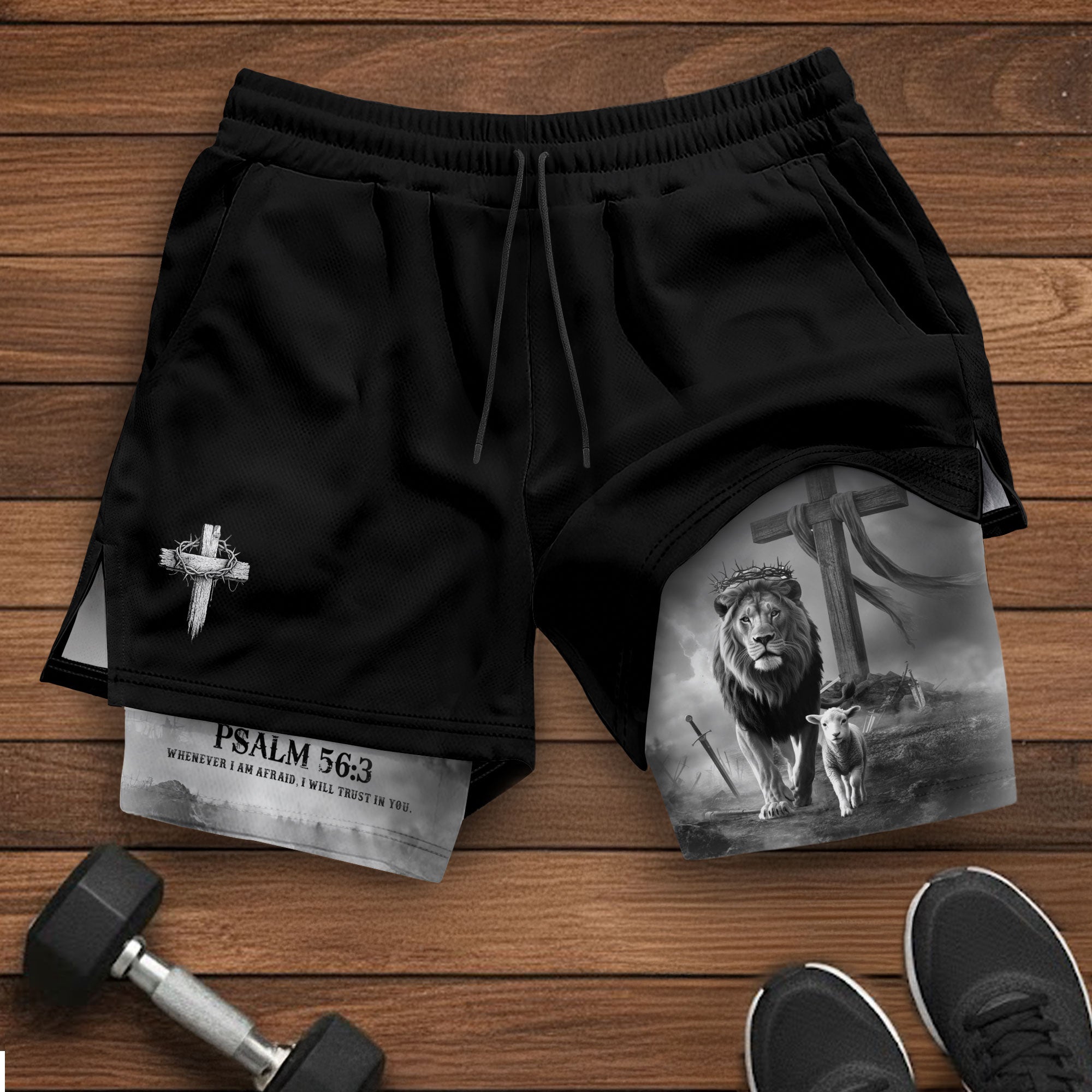 Psalm 56:3 Christian Gym Workout Shorts Men Lion and Lamb Cross Bible Verse - Rust Field Wear