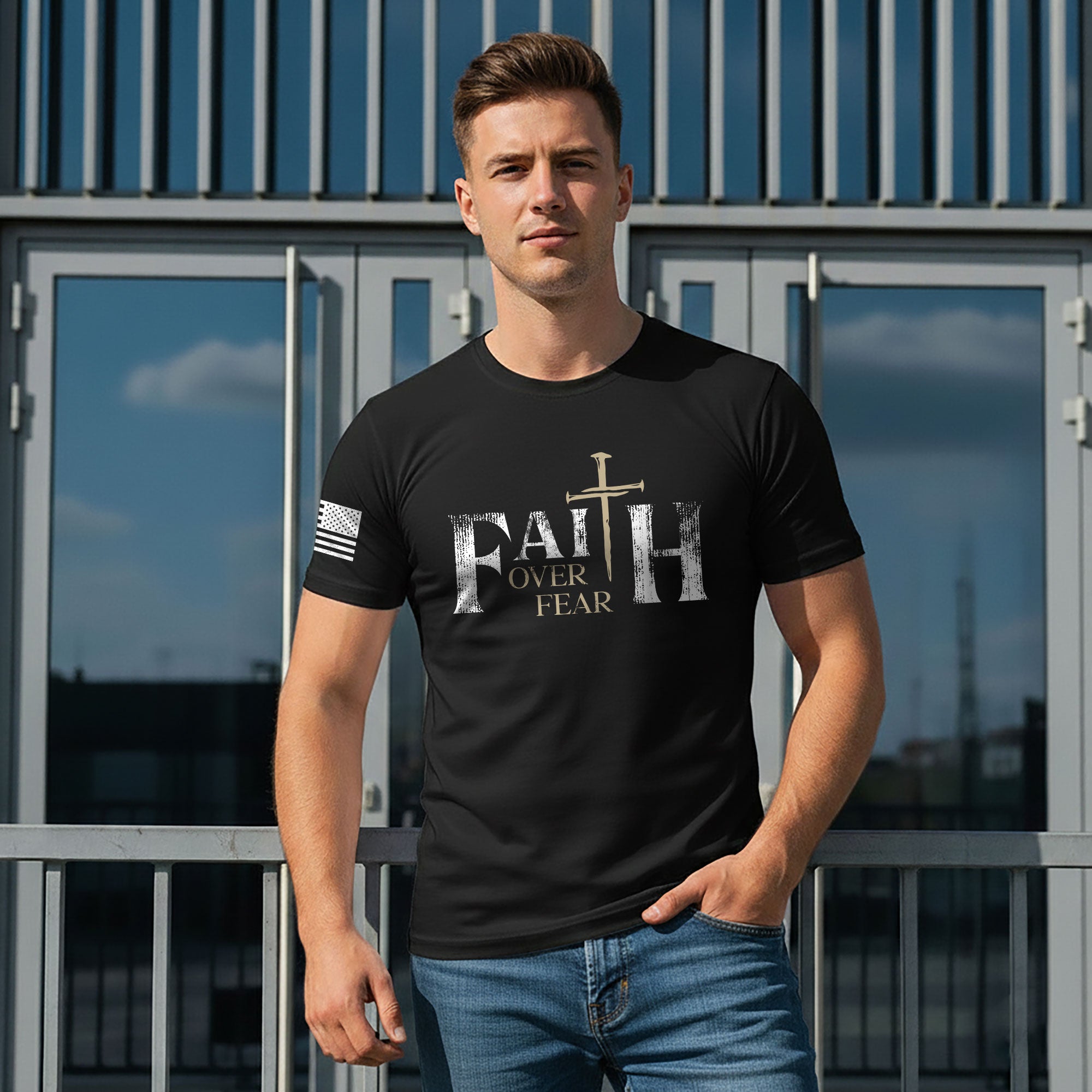 Faith Over Fear Christian Nail Cross Patriotic Religious Shirt