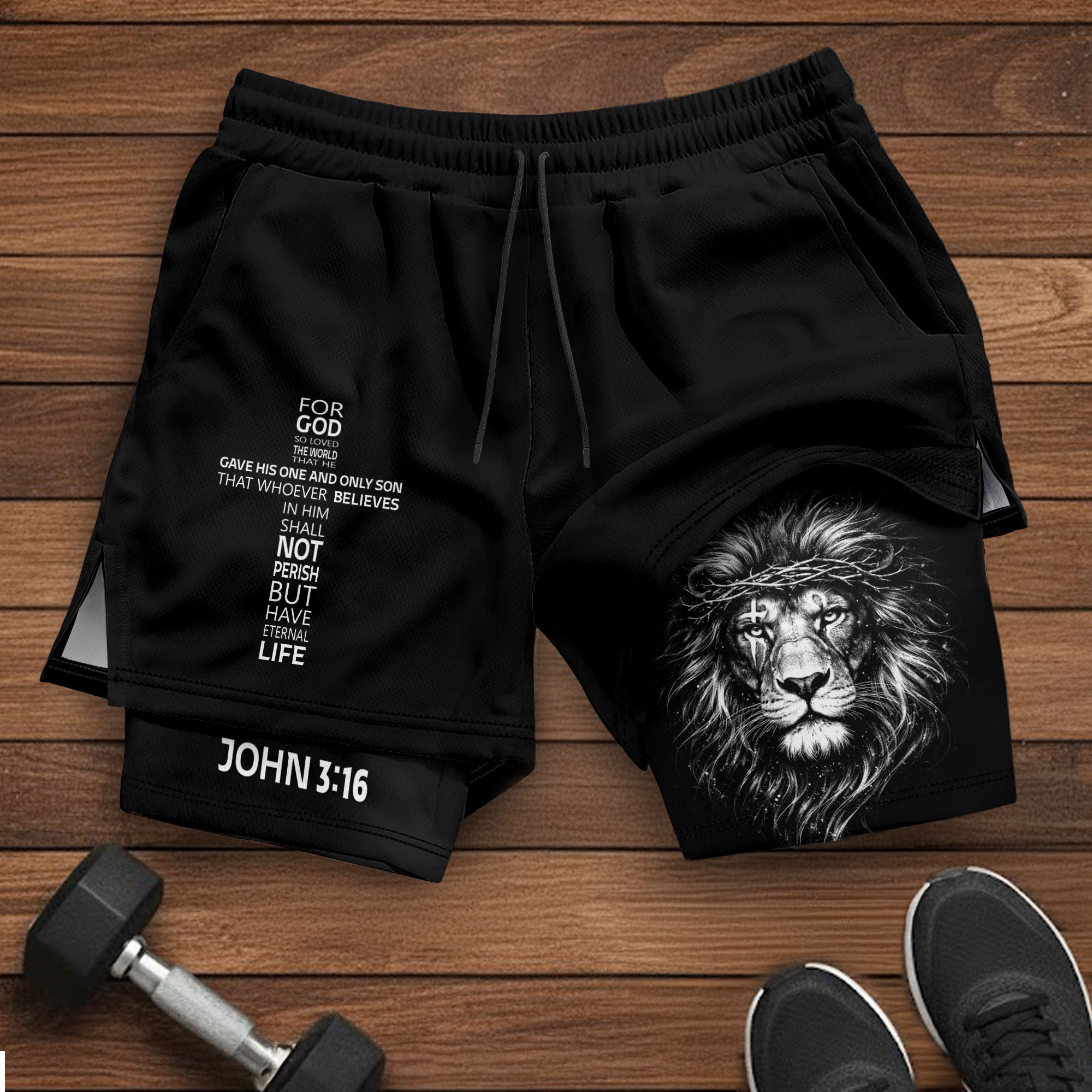 John 3:16 Bible Verse Christian Gym Workout Shorts Men Lion of Judah Athletic Activewear - Rust Field Wear