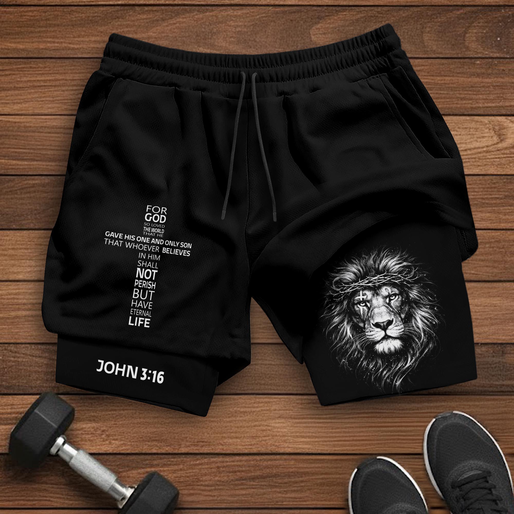 John 3:16 Bible Verse Christian Gym Workout Shorts Men Lion of Judah Athletic Activewear