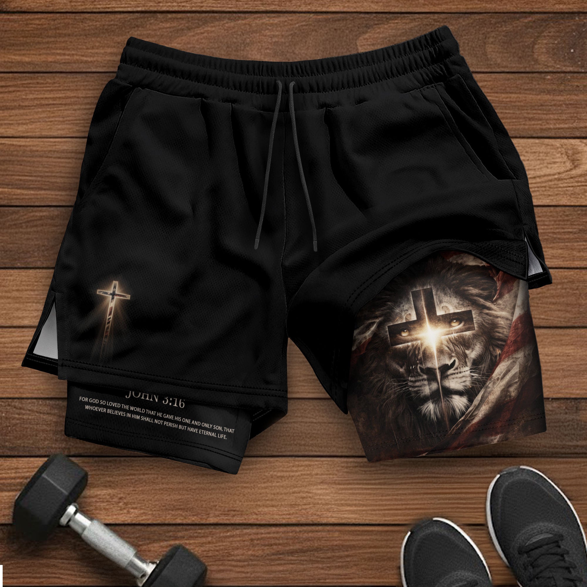 John 3:16 Bible Verse Men Christian Gym Shorts Lion of Judah Training Performance Gear - Rust Field Wear