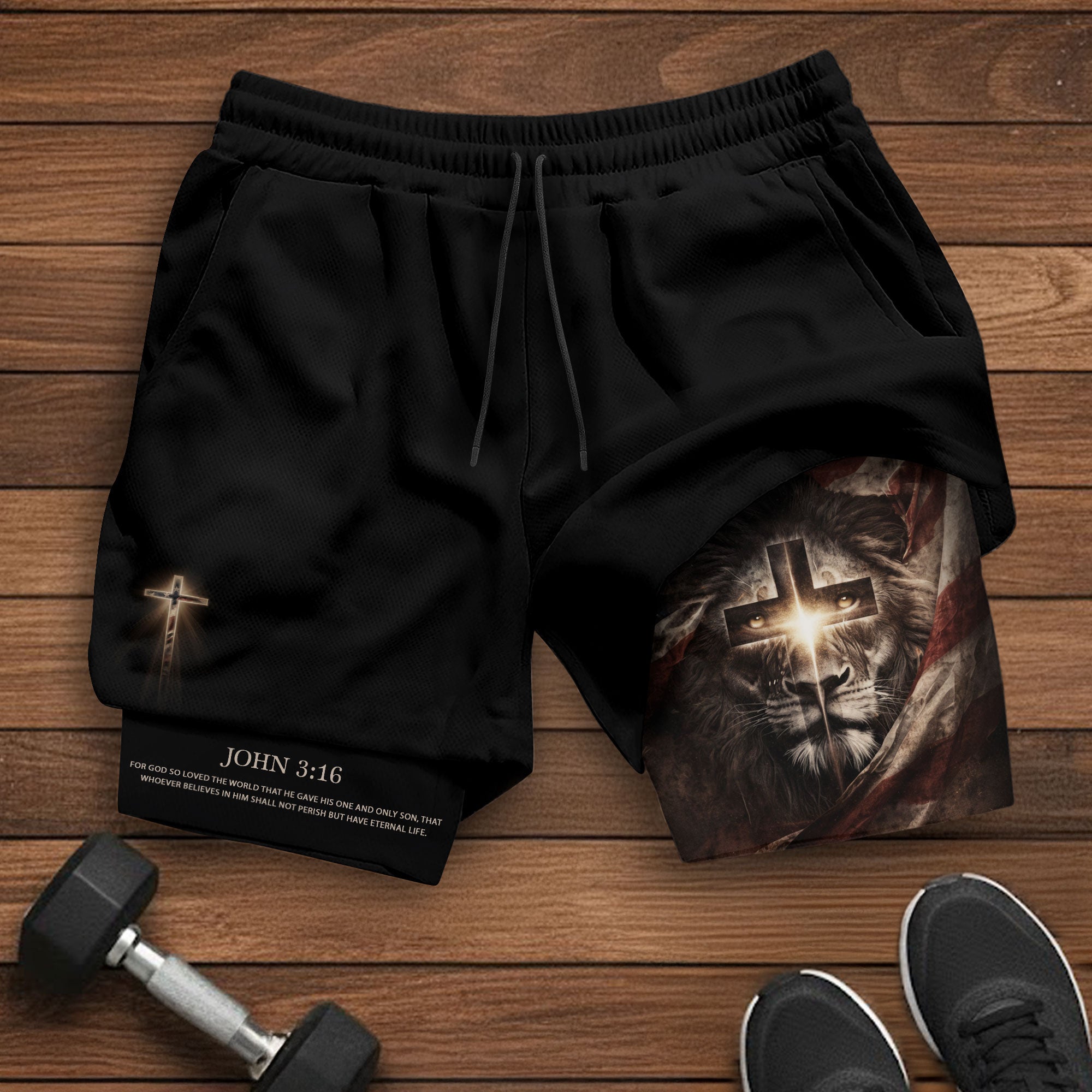 John 3:16 Bible Verse Men Christian Gym Shorts Lion of Judah Training Performance Gear