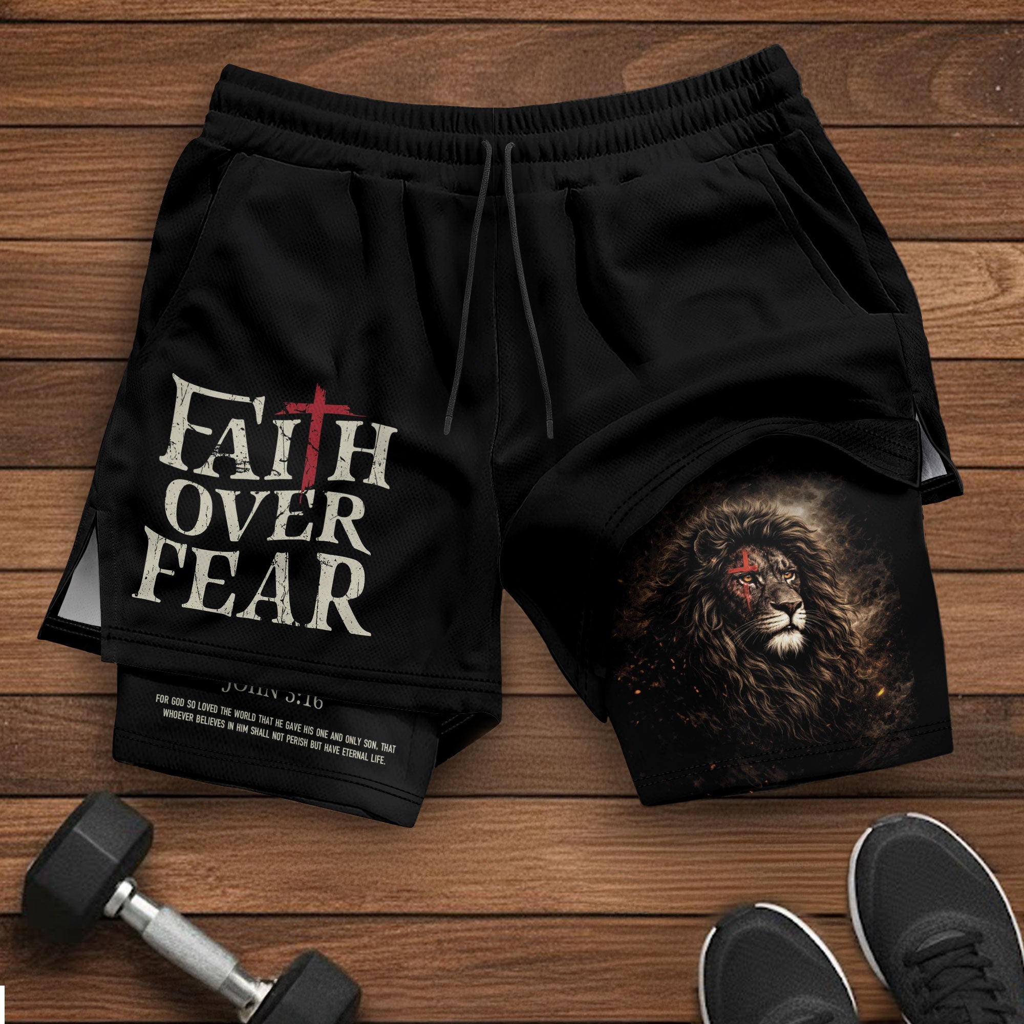 John 3:16 Bible Verse Christian Workout Shorts Men Lion of Judah Faith Over Fear Activewear - Rust Field Wear