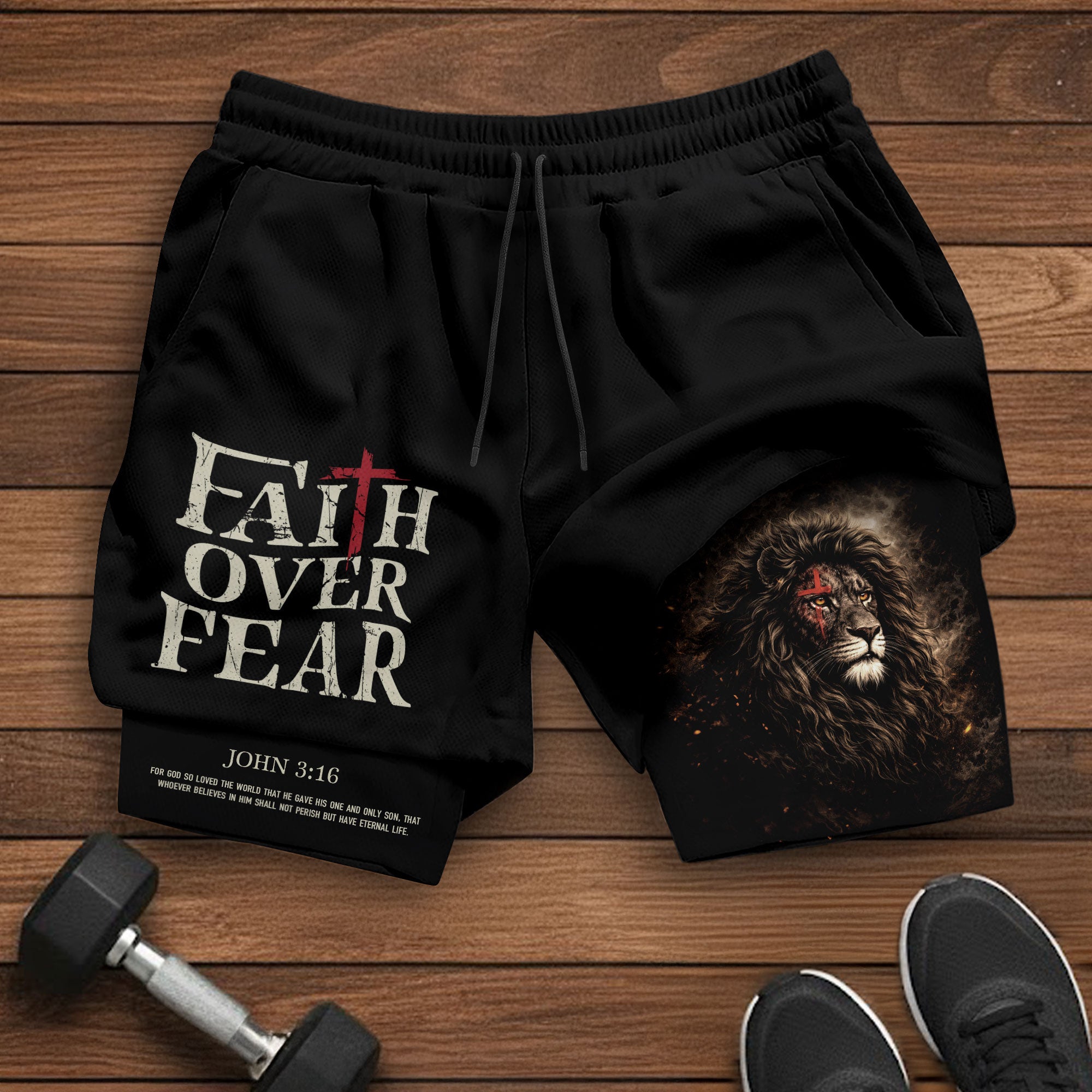 John 3:16 Bible Verse Christian Workout Shorts Men Lion of Judah Faith Over Fear Activewear