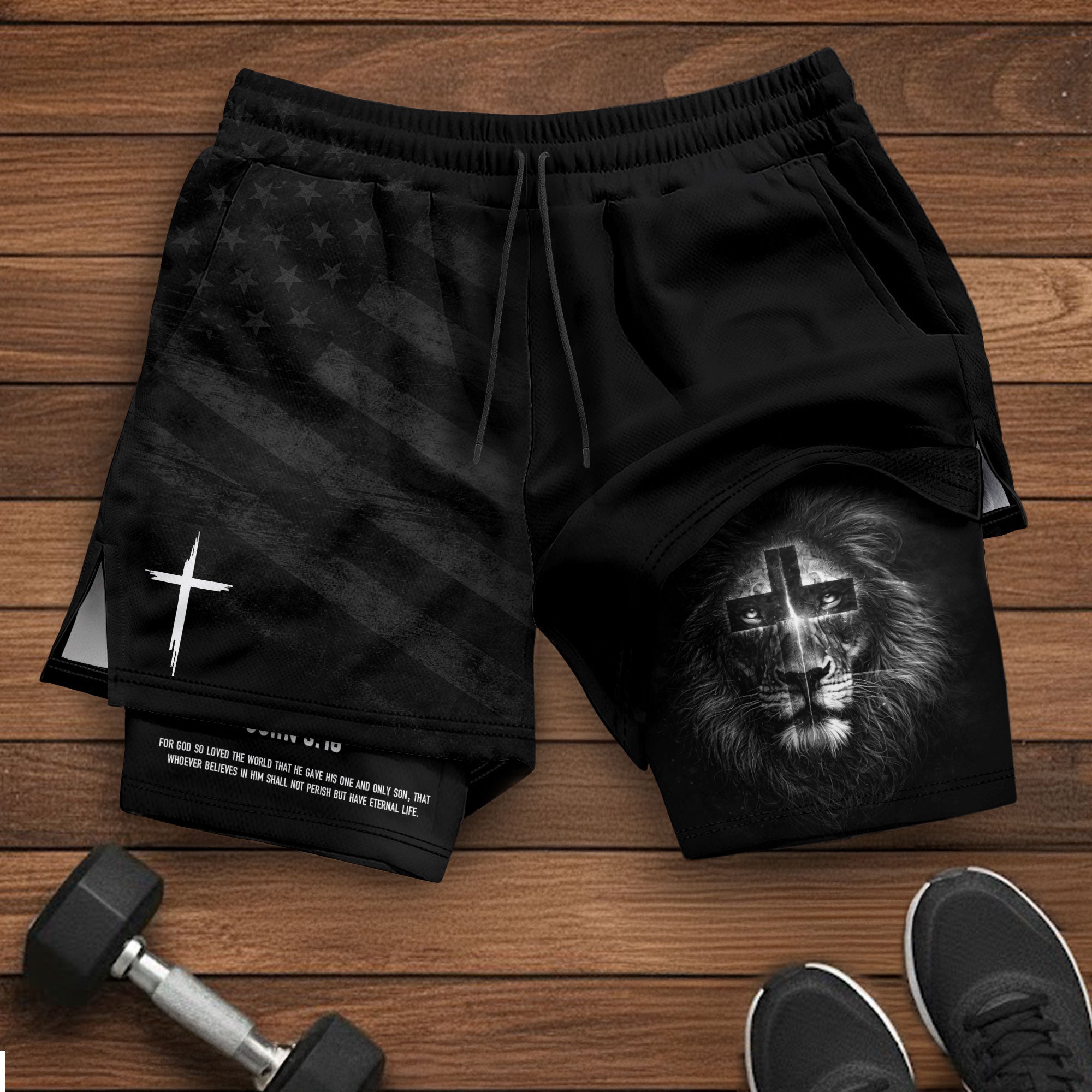 John 3:16 Bible Verse Lion of Judah Christian Gym Shorts Men Athletic Performance Wear - Rust Field Wear