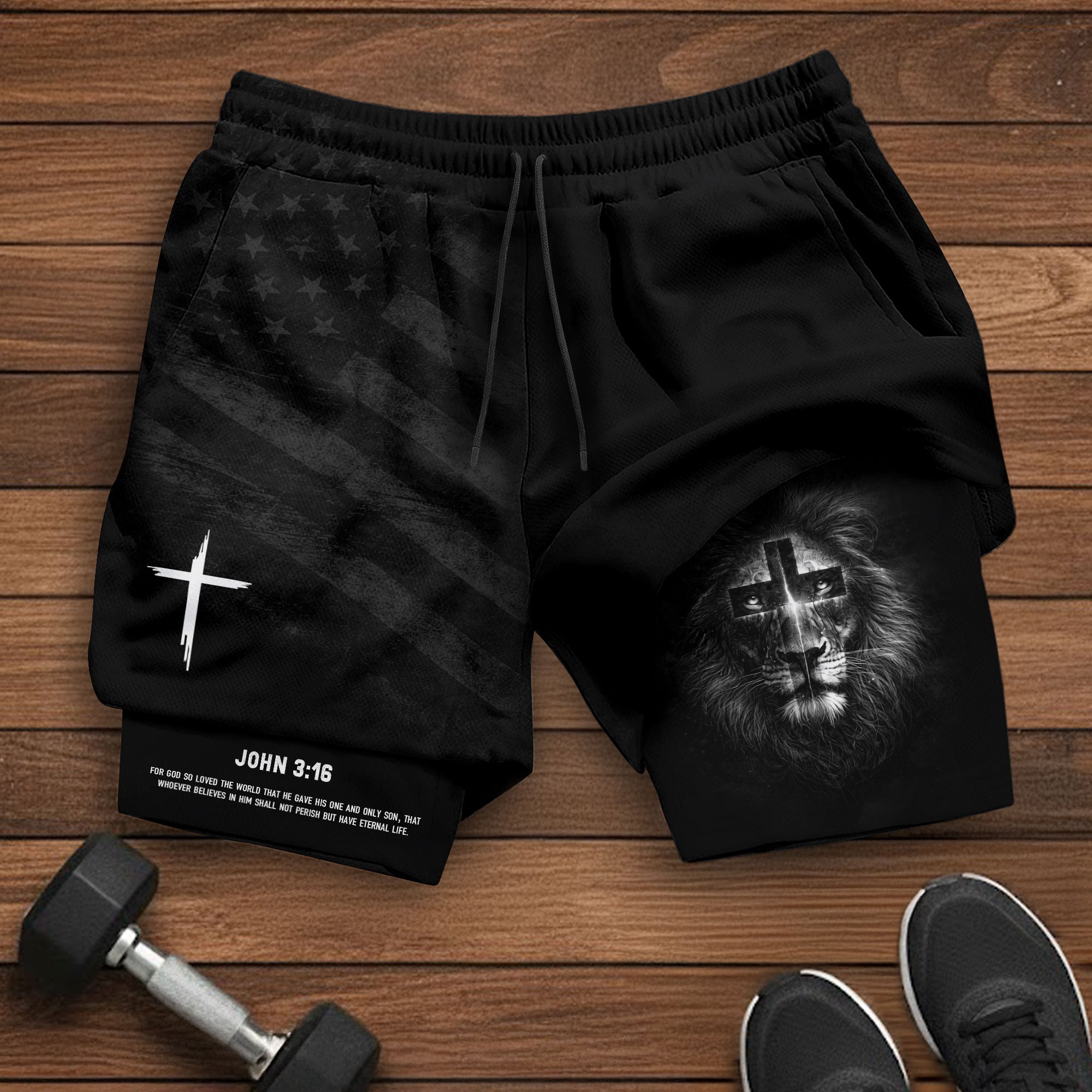 John 3:16 Bible Verse Lion of Judah Christian Gym Shorts Men Athletic Performance Wear
