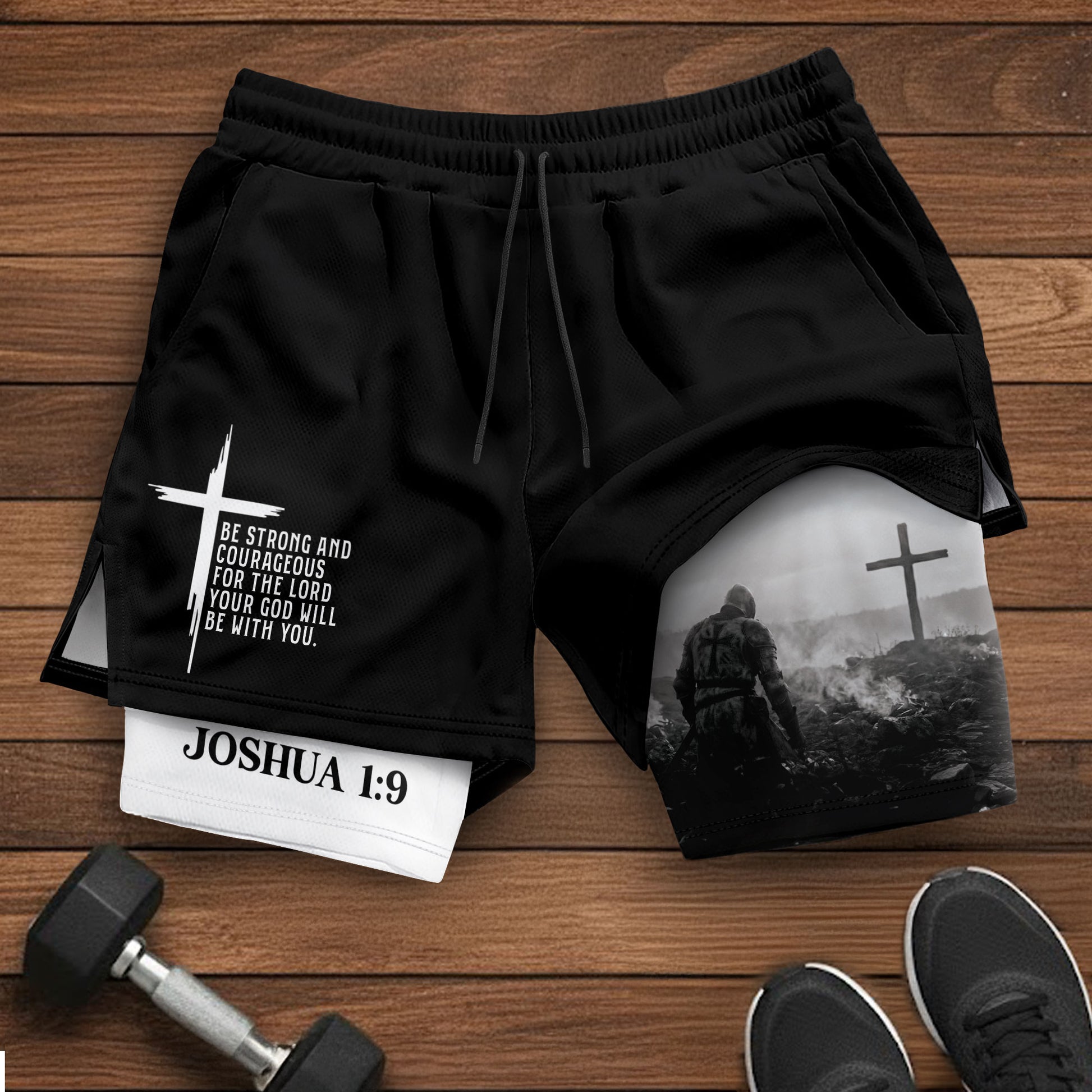 Joshua 1:9 Christian Men Gym Shorts Be Strong and Courageous Bible Verse Training Activewear - Rust Field Wear