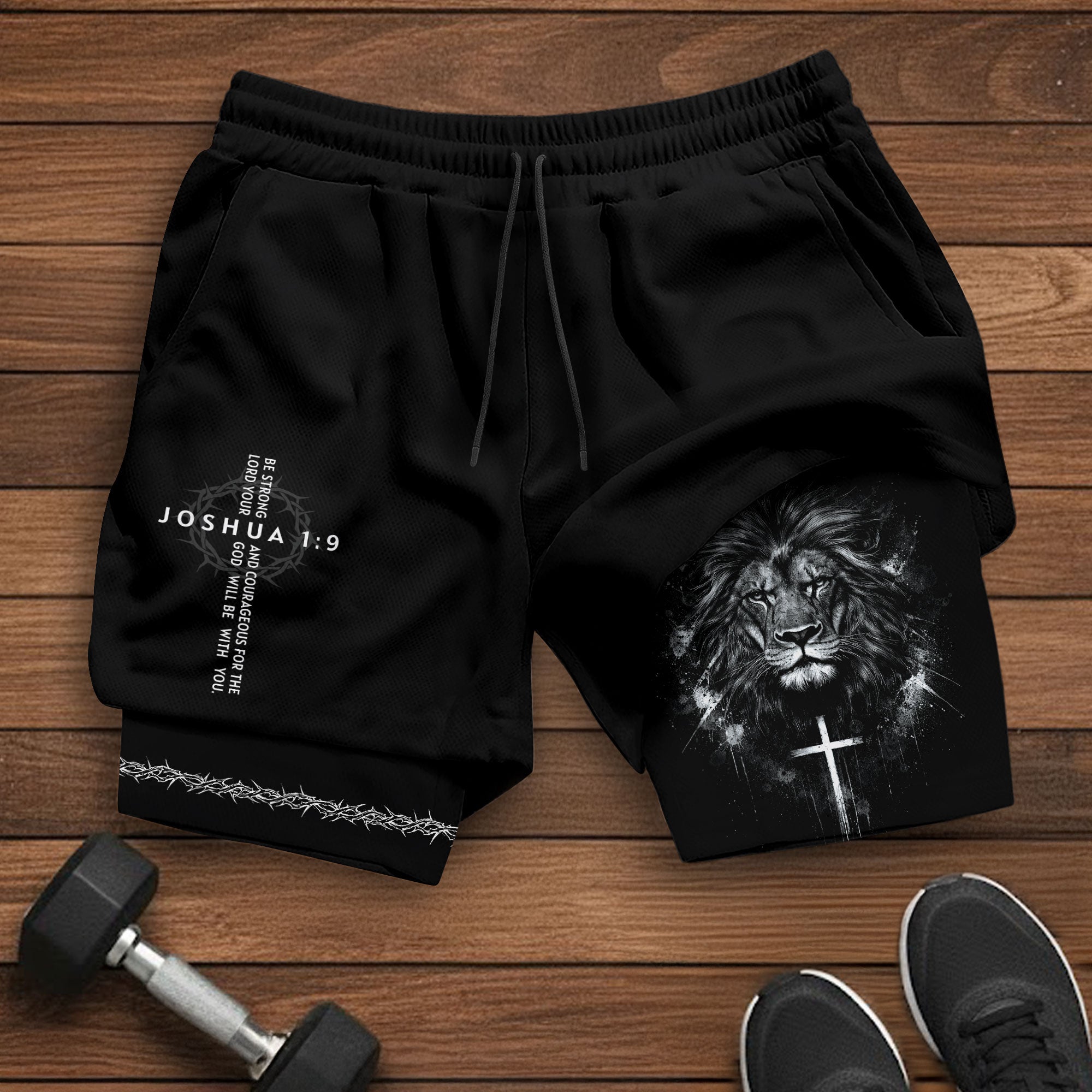 Joshua 1:9 Christian Men Gym Shorts Lion of Judah Athletic Activewear Gear