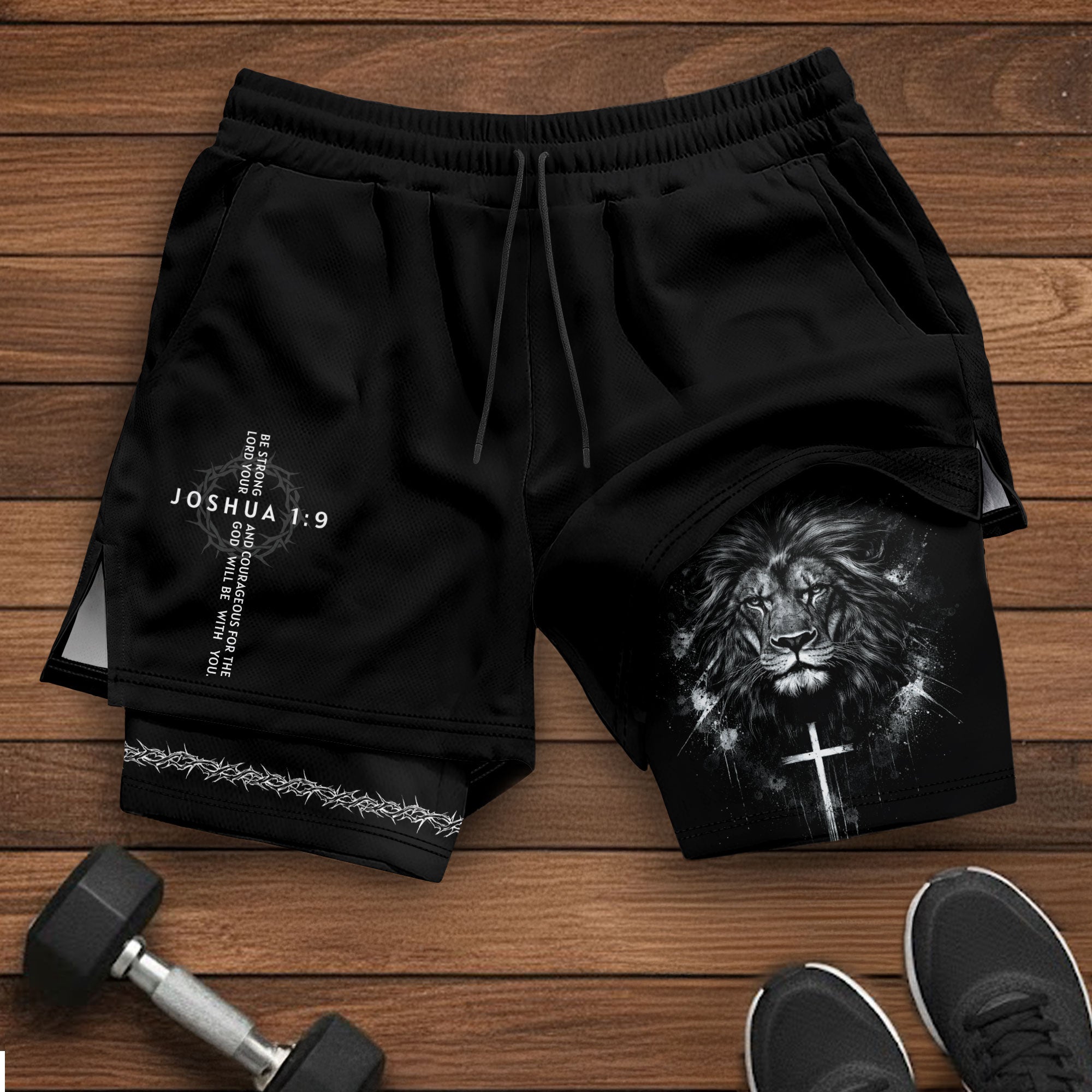 Joshua 1:9 Christian Men Gym Shorts Lion of Judah Athletic Activewear Gear - Rust Field Wear