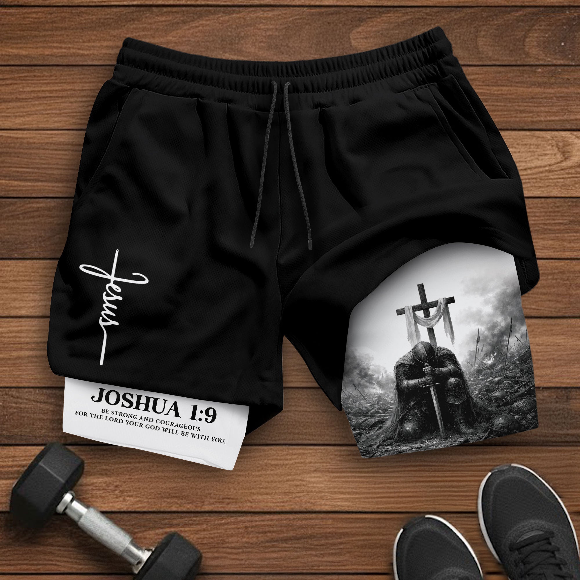 Joshua 1:9 Christian Men Gym Shorts Jesus Strong Knight Bible Training Performance Gear