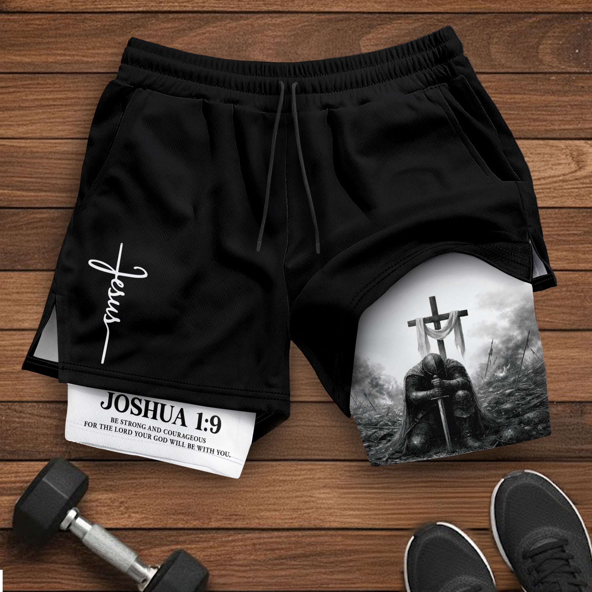 Joshua 1:9 Christian Men Gym Shorts Jesus Strong Knight Bible Training Performance Gear - Rust Field Wear