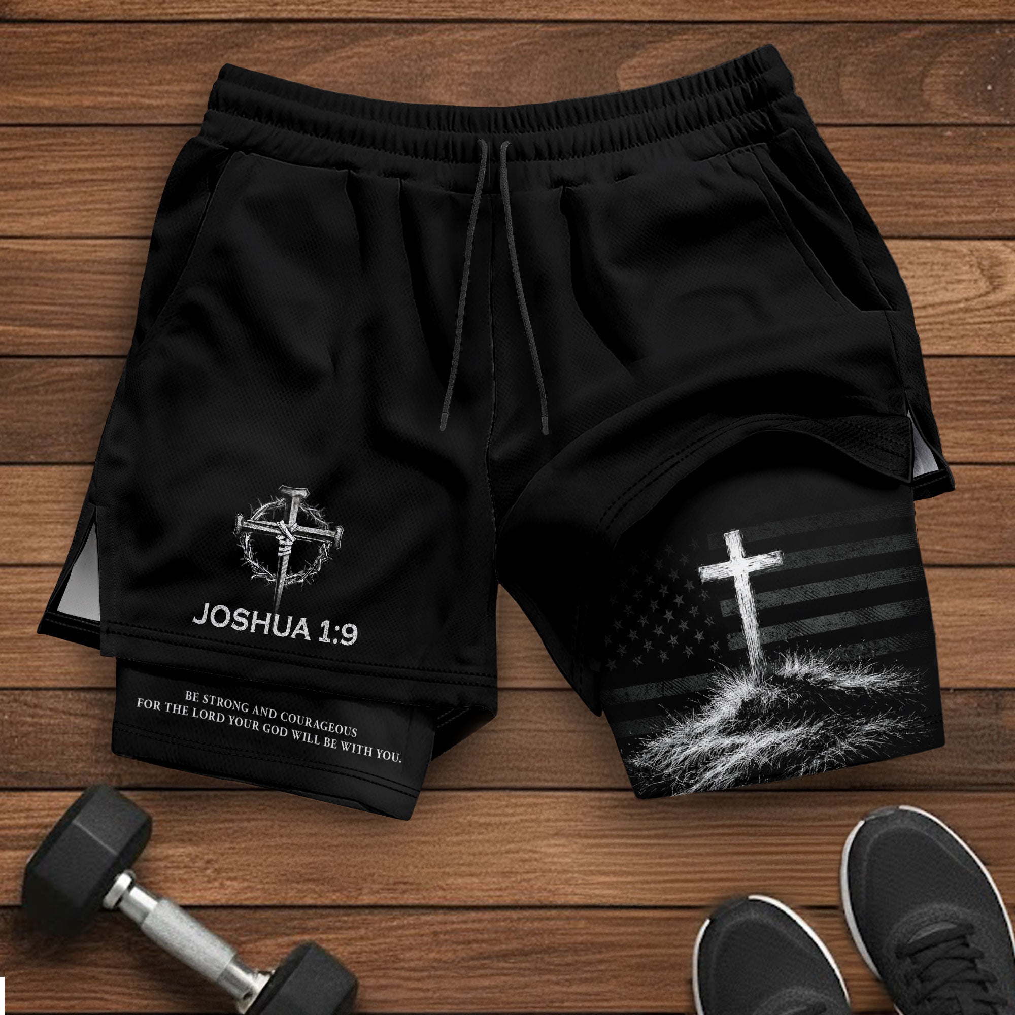 Joshua 1:9 Christian Men Gym Shorts USA Flag Strong and Courageous Athletic Activewear - Rust Field Wear