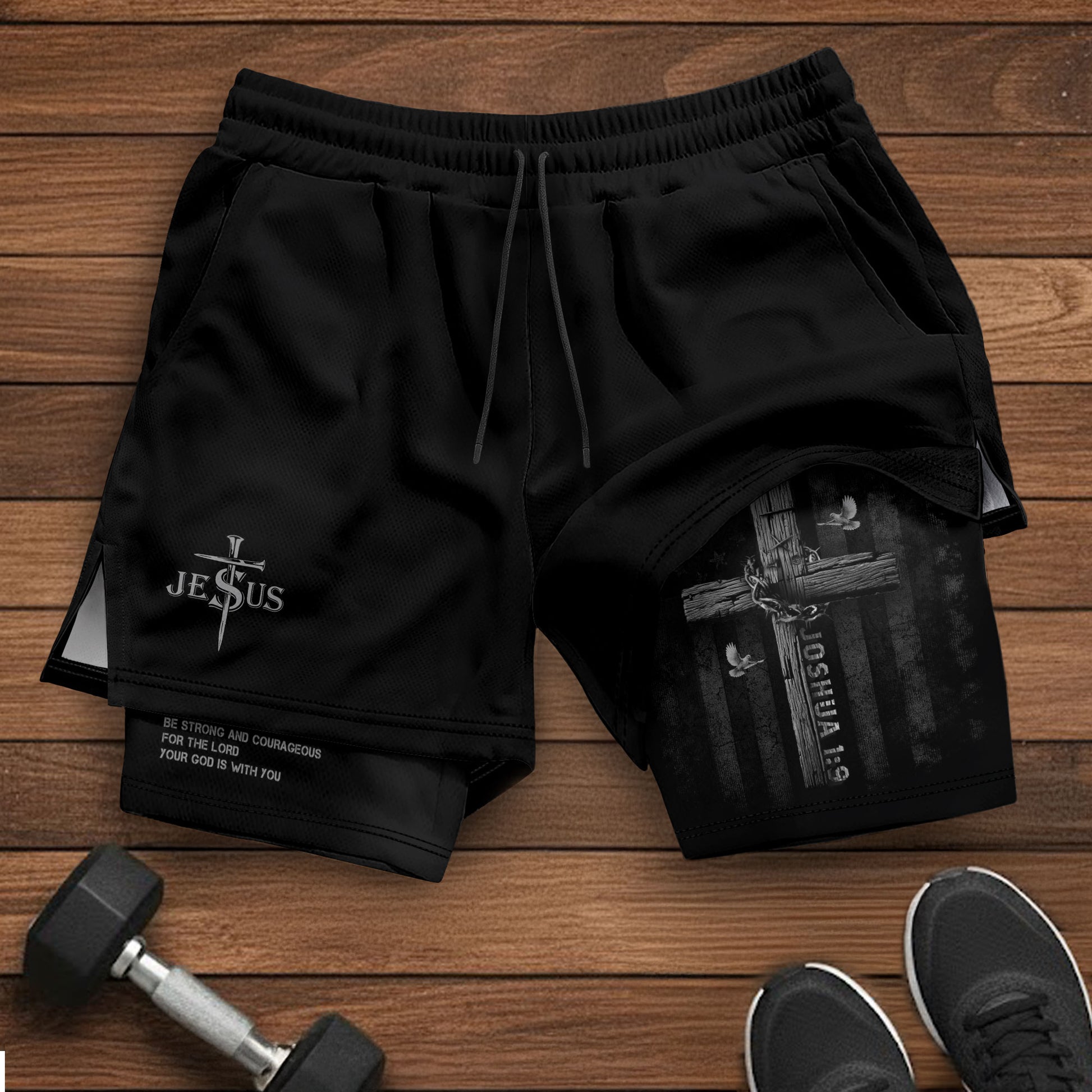 Joshua 1:9 Bible Verse Christian Men Gym Shorts Be Strong and Courageous Jesus USA Flag Knight Activewear - Rust Field Wear