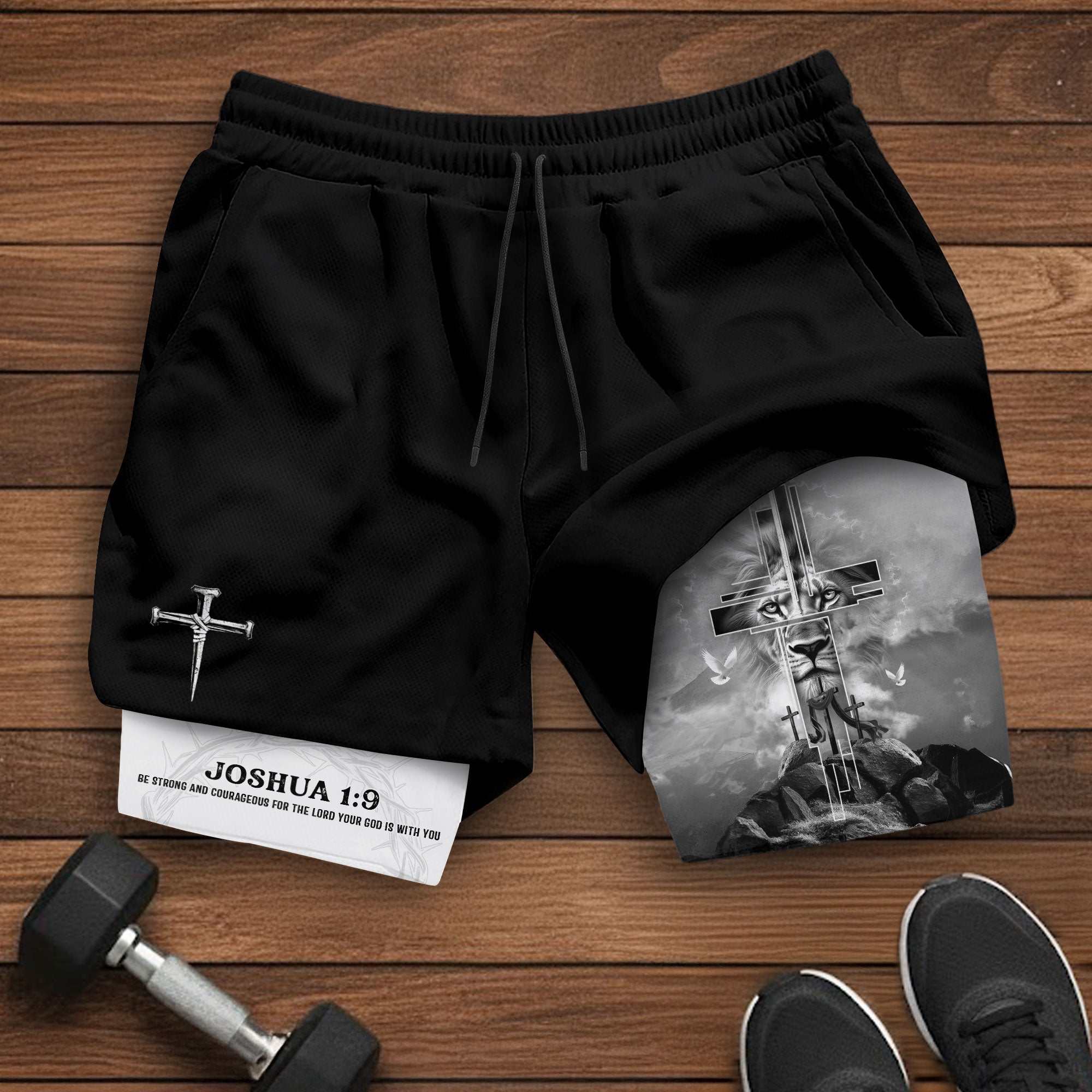 Joshua 1:9 Bible Verse Christian Men Gym Shorts Cross Lion of Judah Training Performance Gear