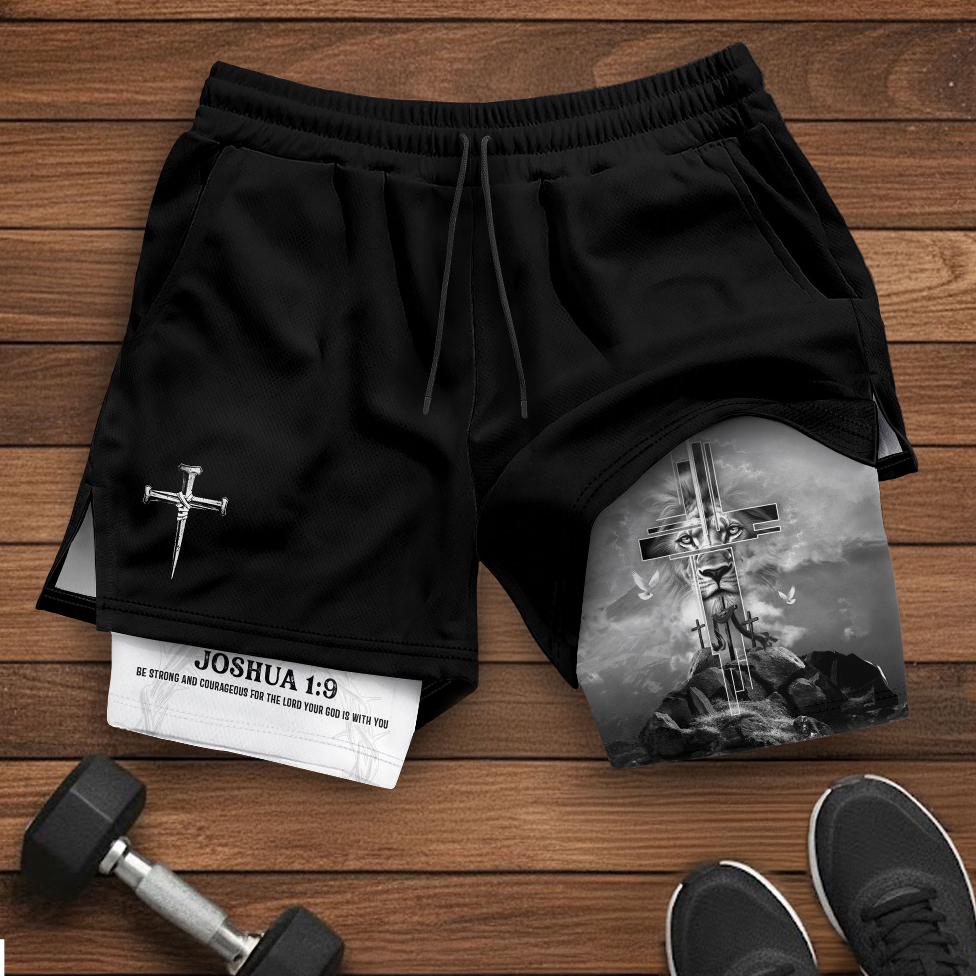 Joshua 1:9 Bible Verse Christian Men Gym Shorts Cross Lion of Judah Training Performance Gear - Rust Field Wear