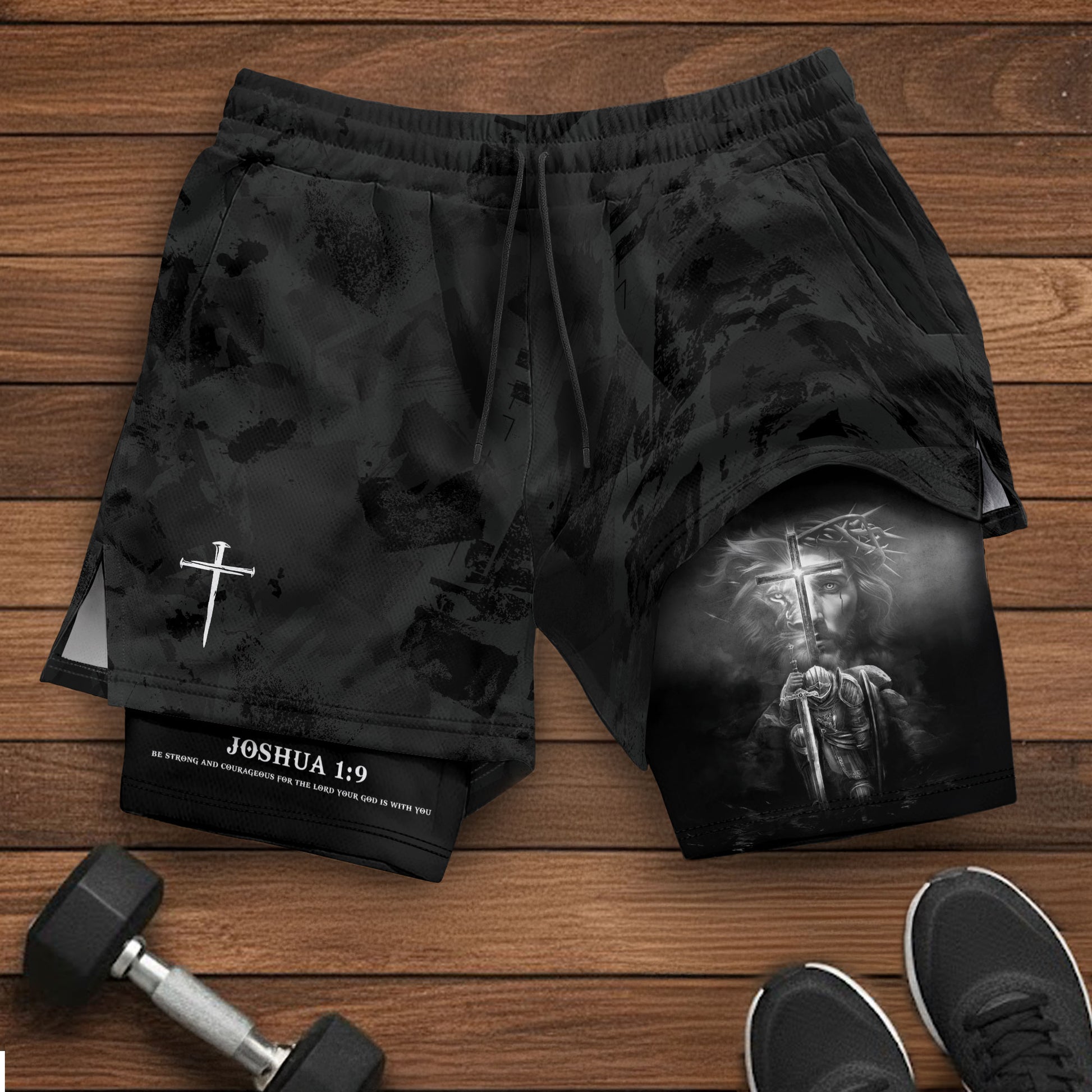 Joshua 1:9 Bible Verse Christian Men Gym Shorts Jesus Knight Kneeling Cross Training Activewear - Rust Field Wear