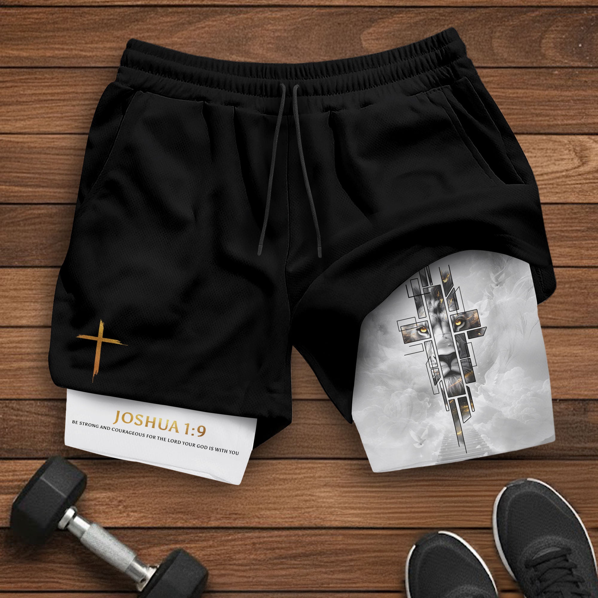 Joshua 1:9 Bible Verse Christian Men Workout Shorts Gold Lion of Judah Training Apparel