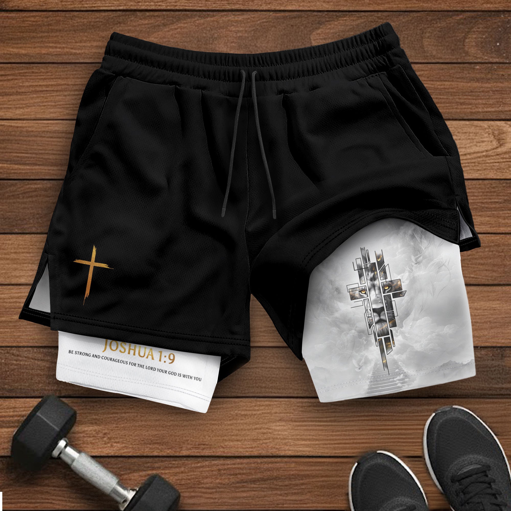 Joshua 1:9 Bible Verse Christian Men Workout Shorts Gold Lion of Judah Training Apparel - Rust Field Wear