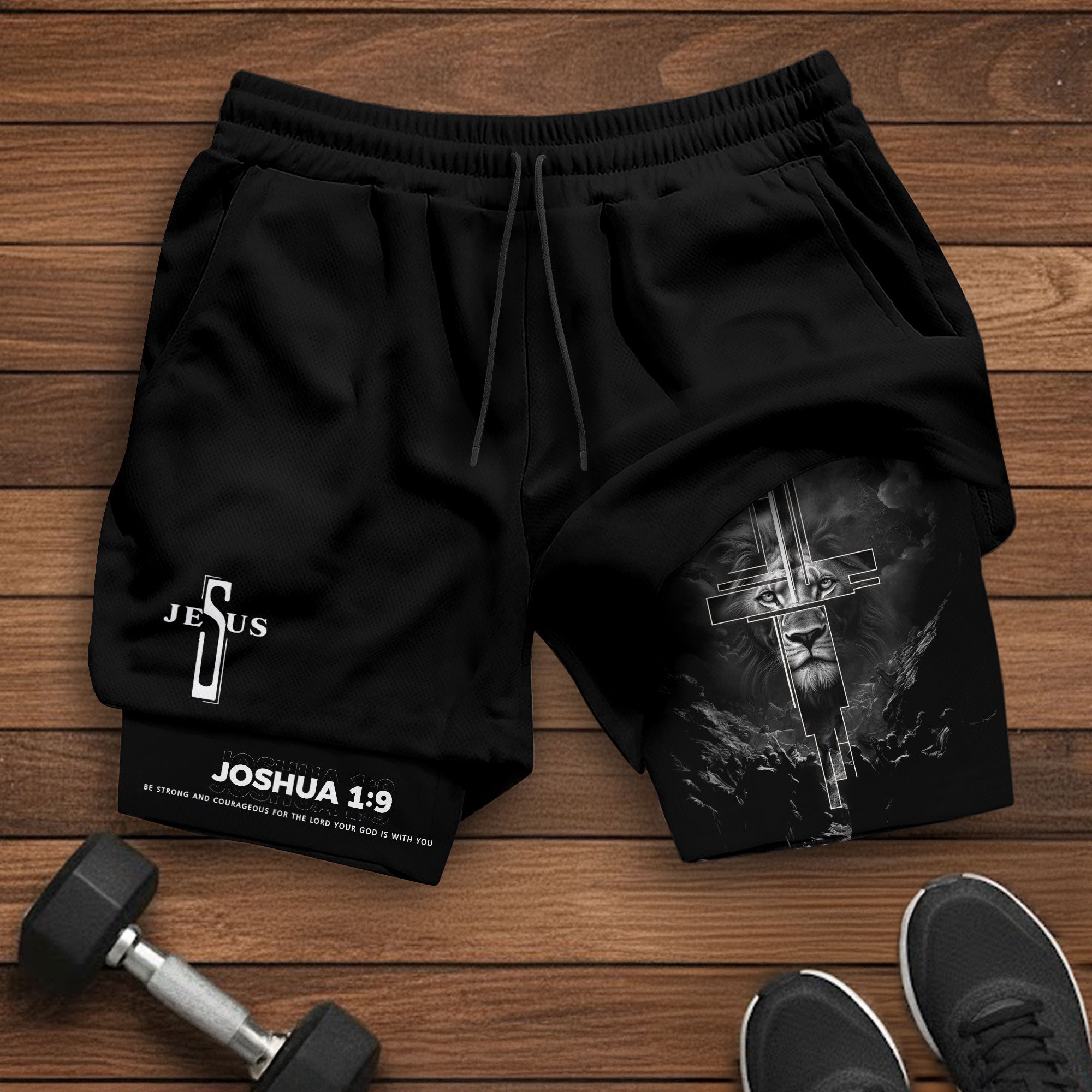 Joshua 1:9 Bible Verse Christian Men Gym Shorts Jesus Cross Nails Lion of Judah Training Activewear