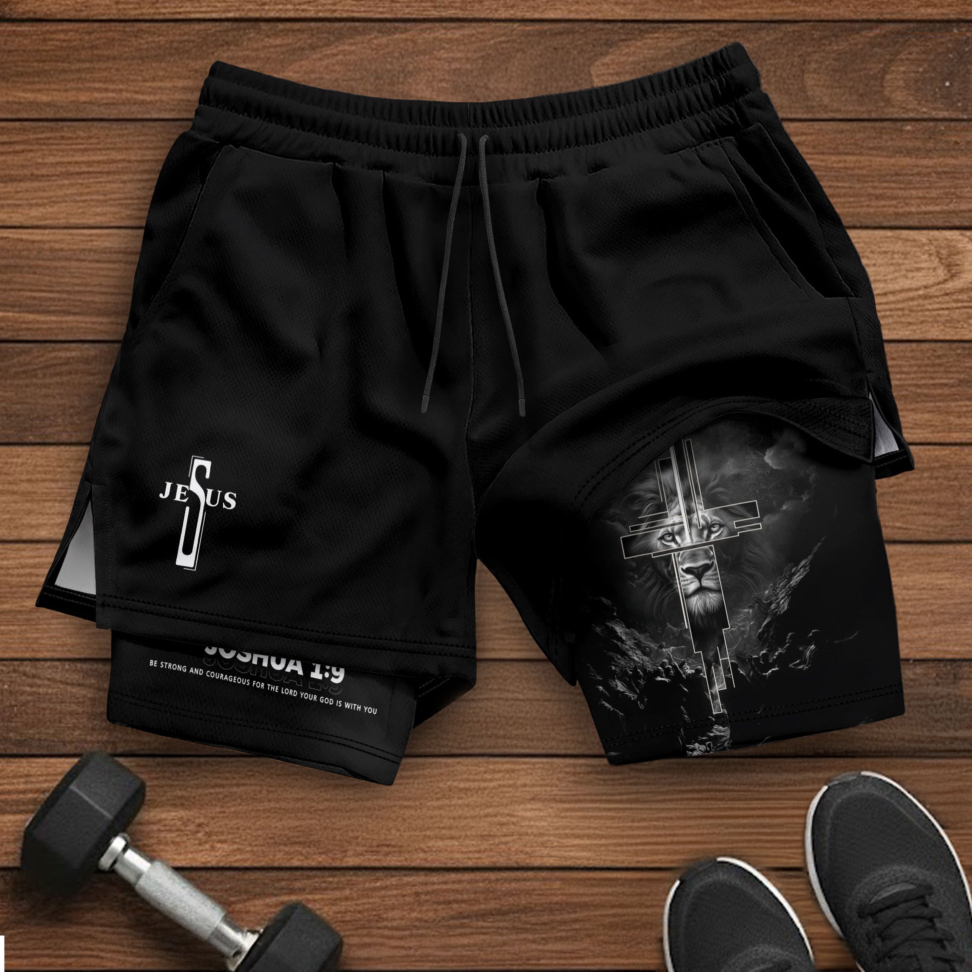 Joshua 1:9 Bible Verse Christian Men Gym Shorts Jesus Cross Nails Lion of Judah Training Activewear - Rust Field Wear