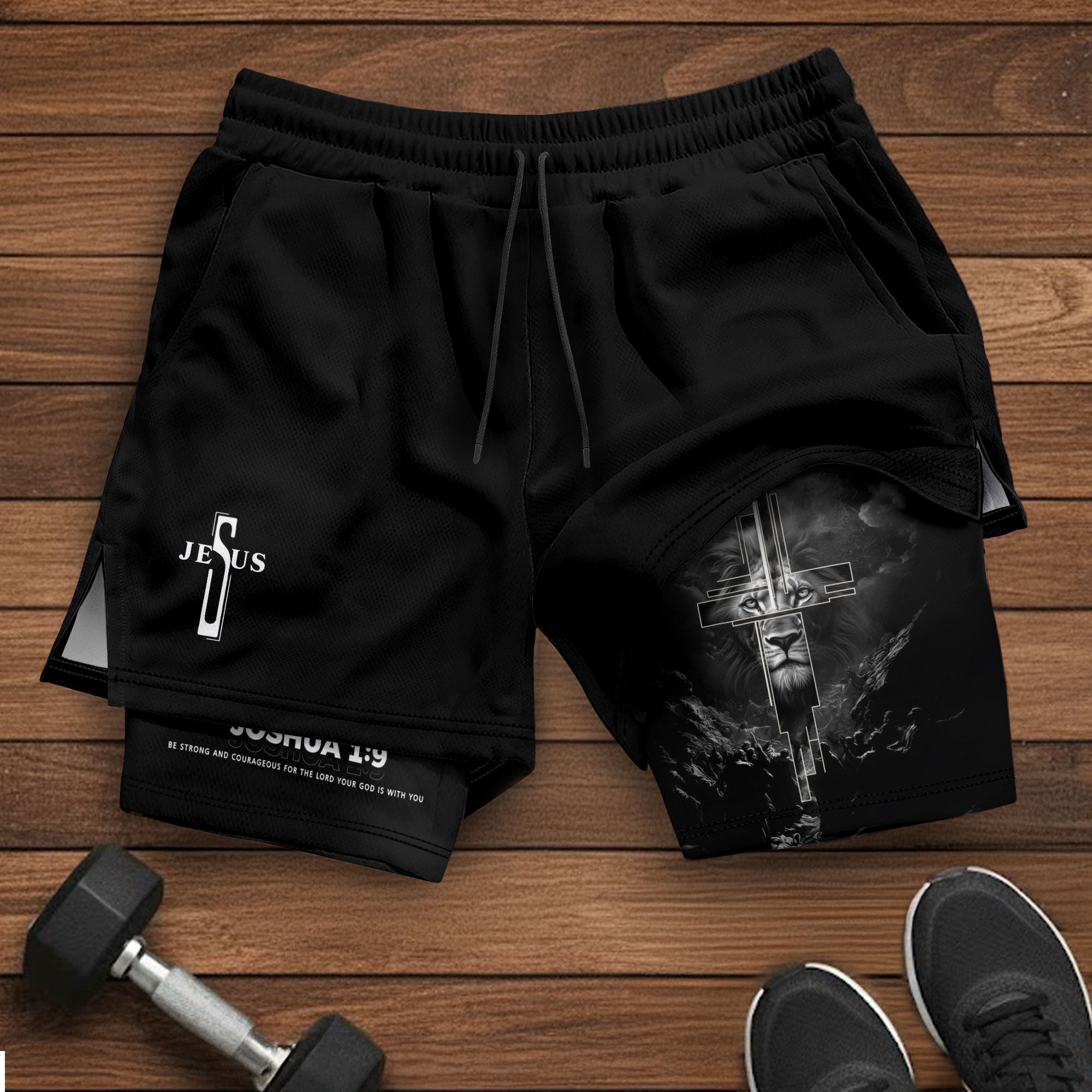 Joshua 1:9 Bible Verse Christian Men Gym Shorts Jesus Cross Nails Lion of Judah Training Activewear - Rust Field Wear