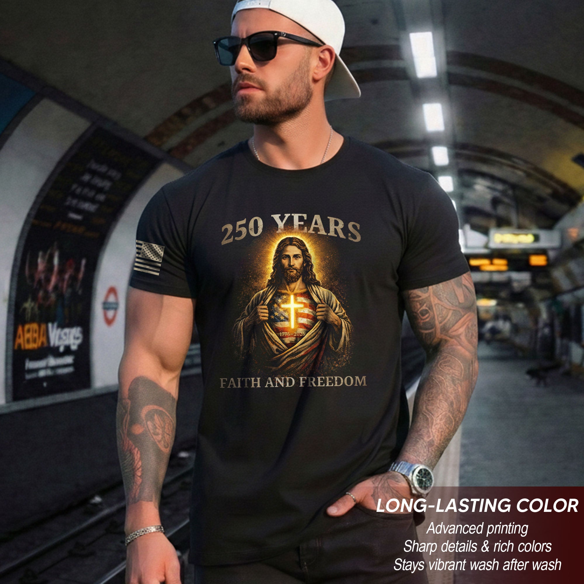 250th Anniversary 250 Years Christian Shirt - Patriotic Jesus with American Flag Heart & Glowing Cross Design