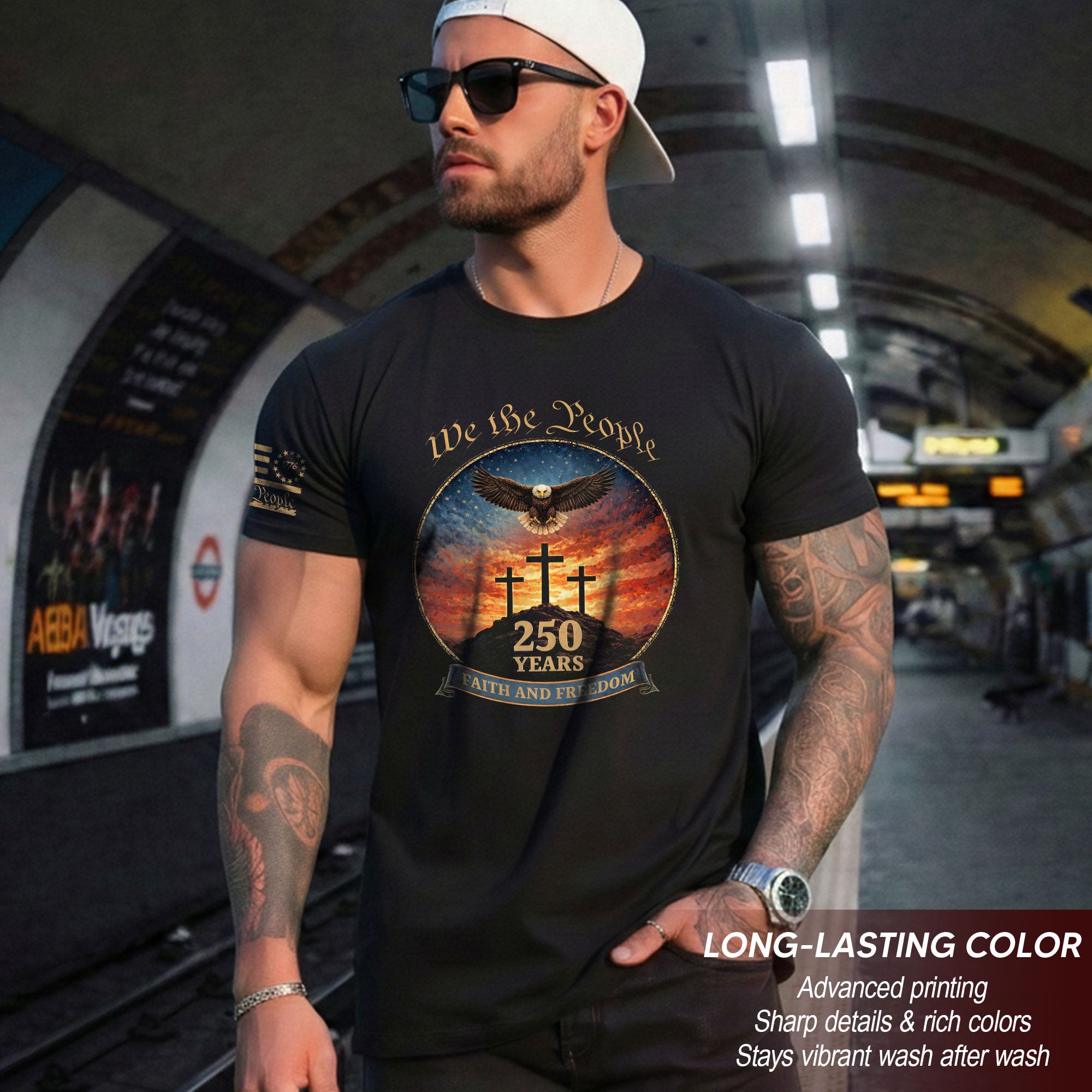 We the People 250th Anniversary T-Shirt - Christian American Patriot Eagle Soaring Over Three Crosses Design