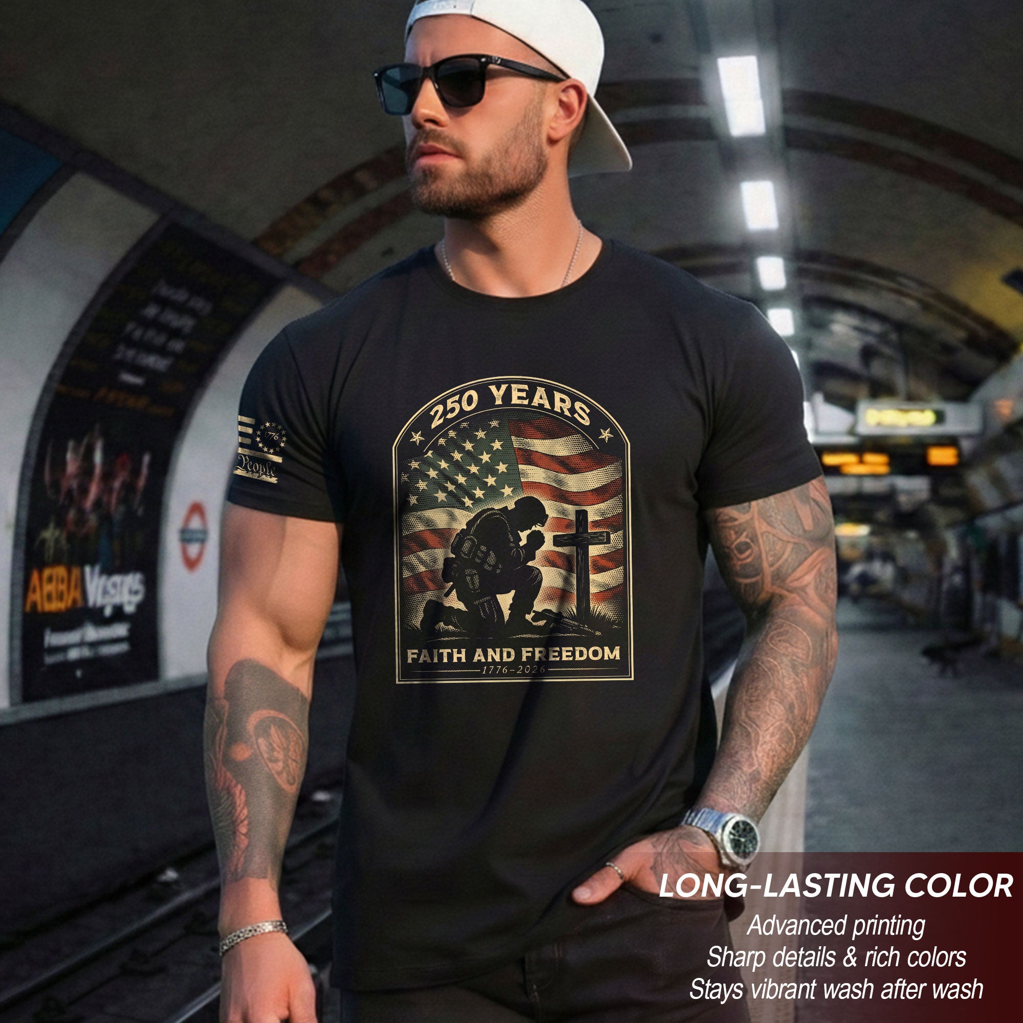 Faith and Freedom 250 Years 250th Anniversary Patriotic T-Shirt - Kneeling Soldier Prayer & American Flag Graphic Tee